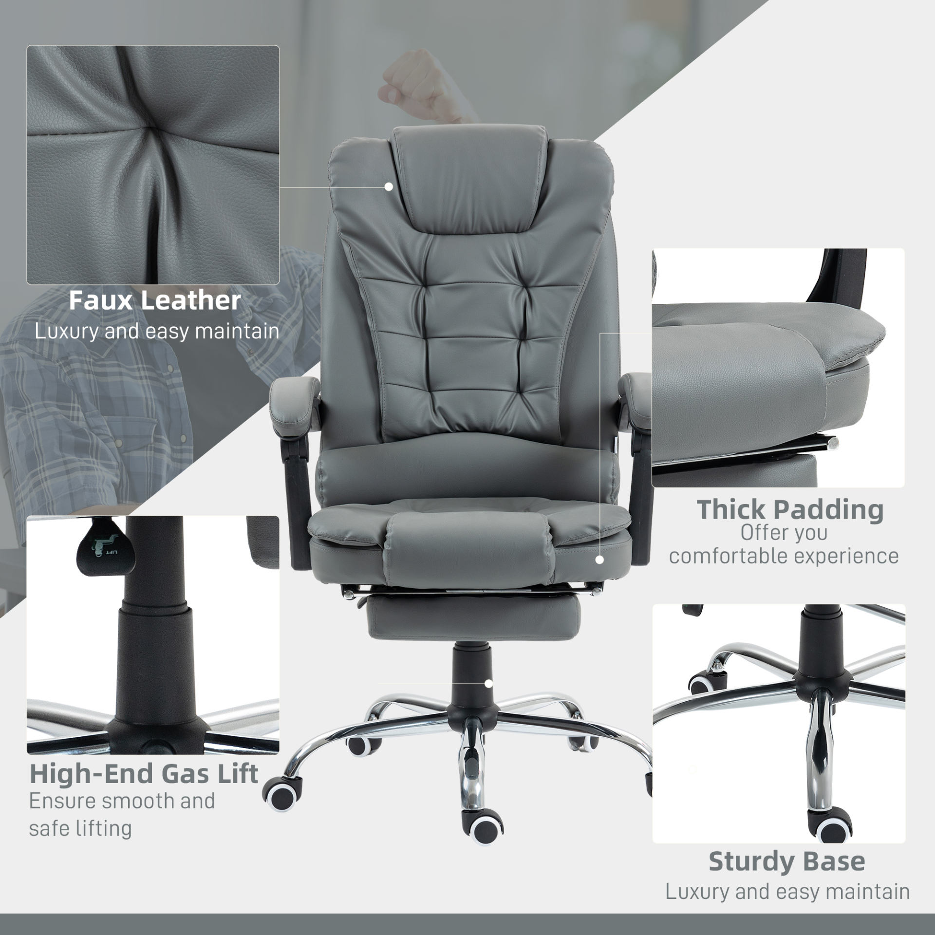 HOMCOM Executive Leather Office Chair, PU Home Office Chair with Swivel Wheels, Reclining Backrest, Retractable Footrest in Grey