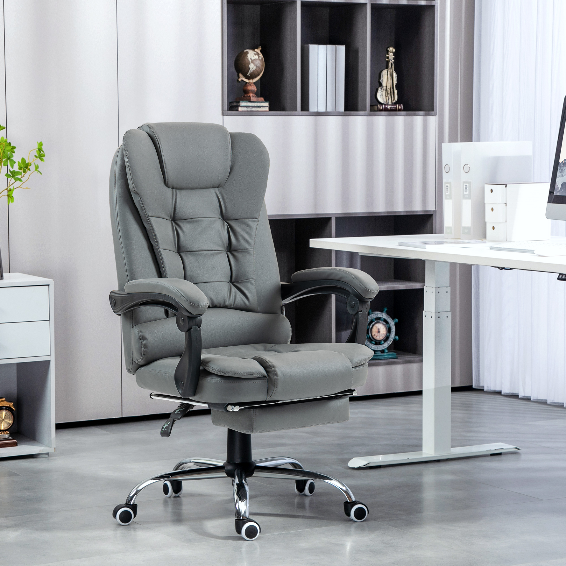 HOMCOM Executive Leather Office Chair, PU Home Office Chair with Swivel Wheels, Reclining Backrest, Retractable Footrest in Grey