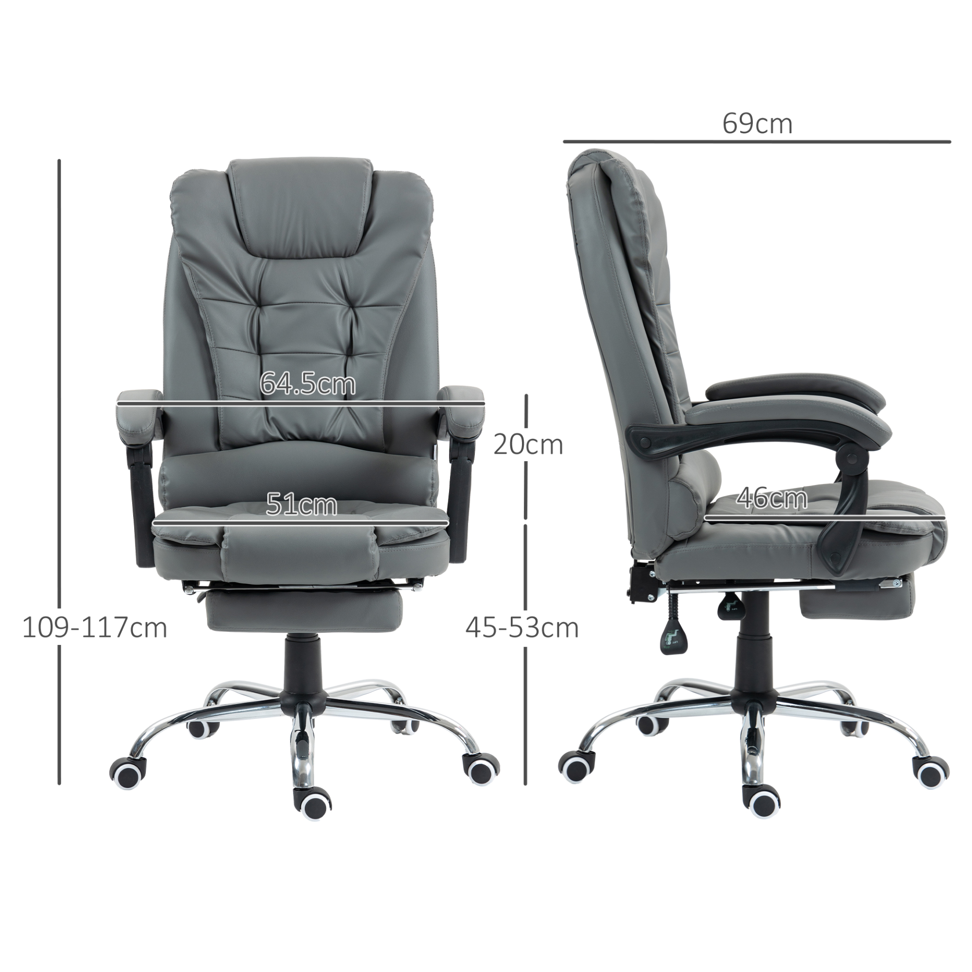 HOMCOM Executive Leather Office Chair, PU Home Office Chair with Swivel Wheels, Reclining Backrest, Retractable Footrest in Grey