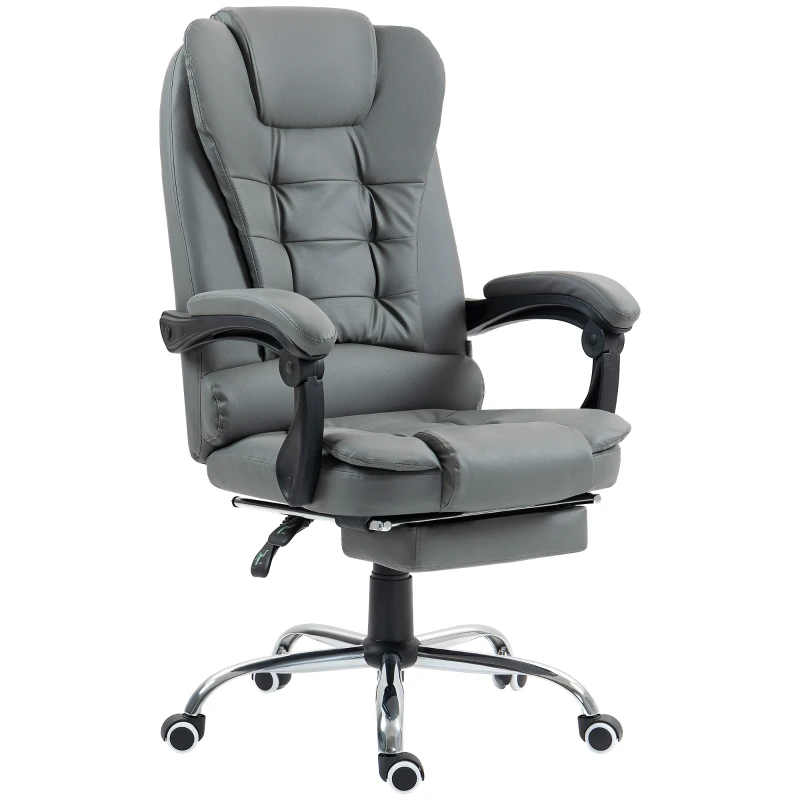 HOMCOM Executive Leather Office Chair, PU Home Office Chair with Swivel Wheels, Reclining Backrest, Retractable Footrest in Grey