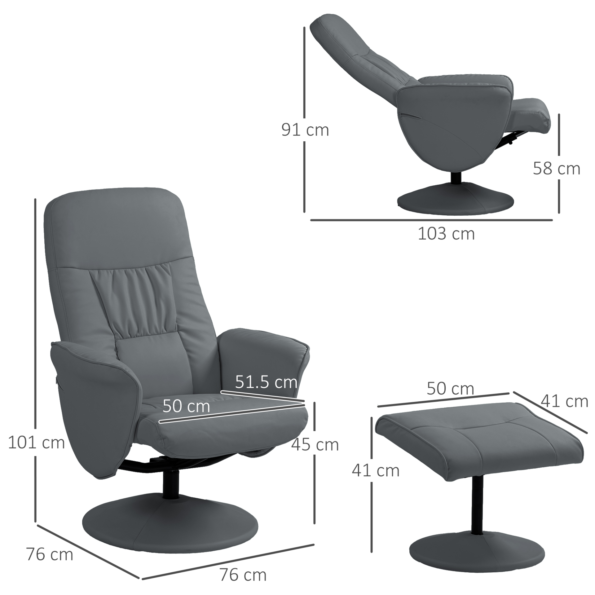 Swivel Recliner Chair with Footstool, PU Leather Armchair and Ottoman with High Back and Round Base for Living Room in Grey | HOMCOM