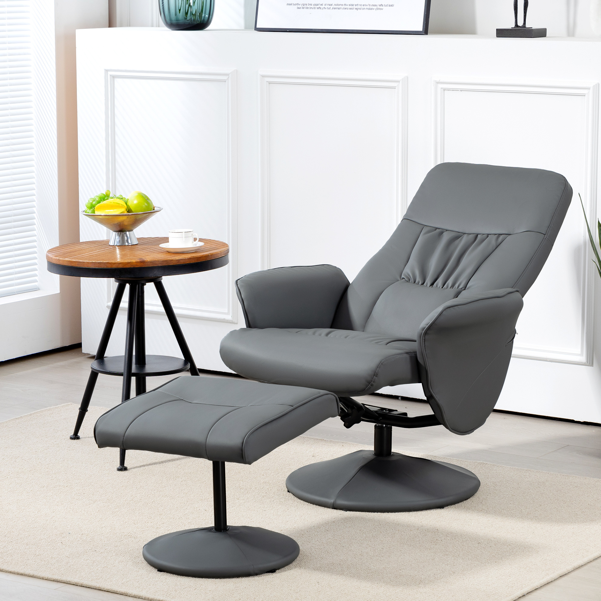 Swivel Recliner Chair with Footstool, PU Leather Armchair and Ottoman with High Back and Round Base for Living Room in Grey | HOMCOM