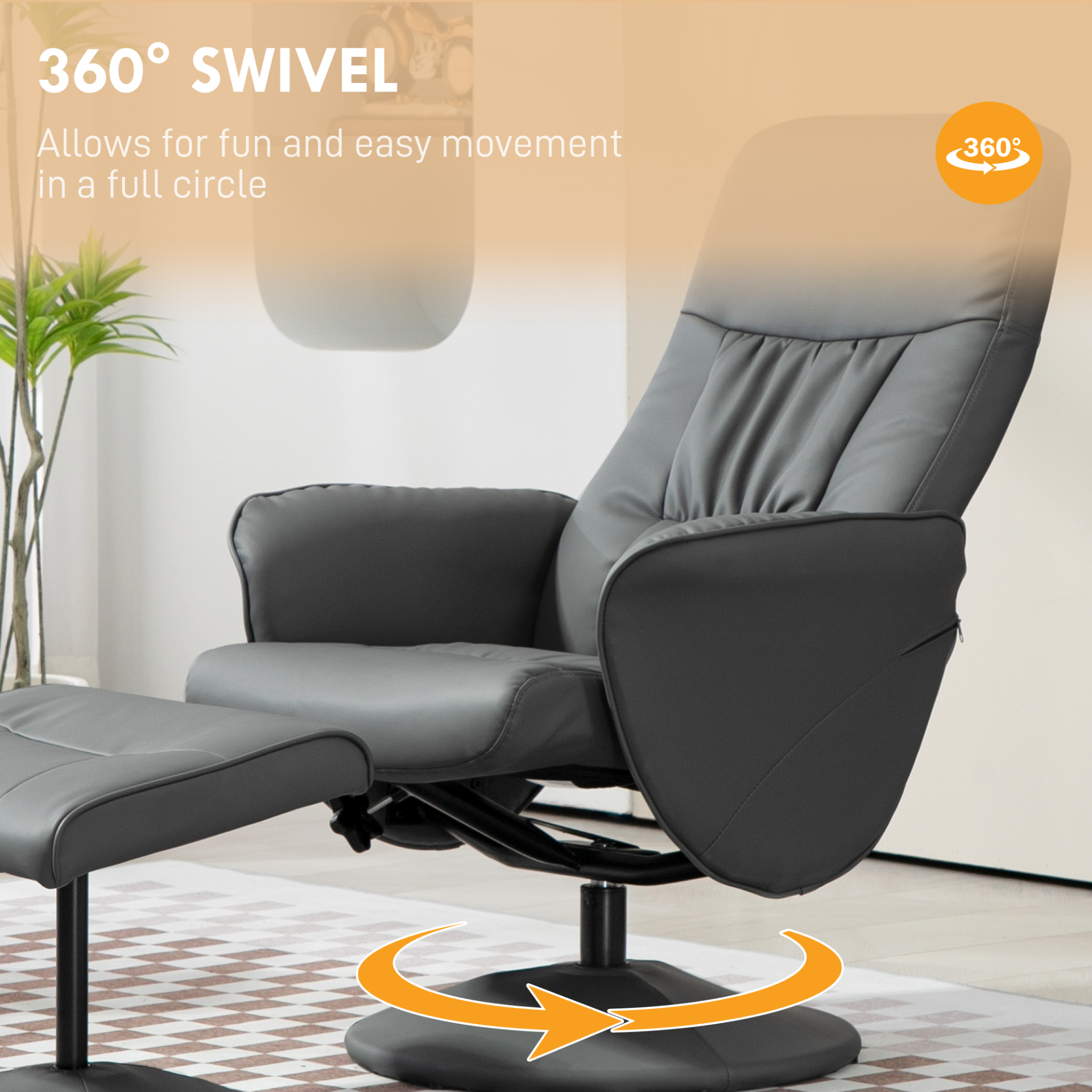 Swivel Recliner Chair with Footstool, PU Leather Armchair and Ottoman with High Back and Round Base for Living Room in Grey | HOMCOM