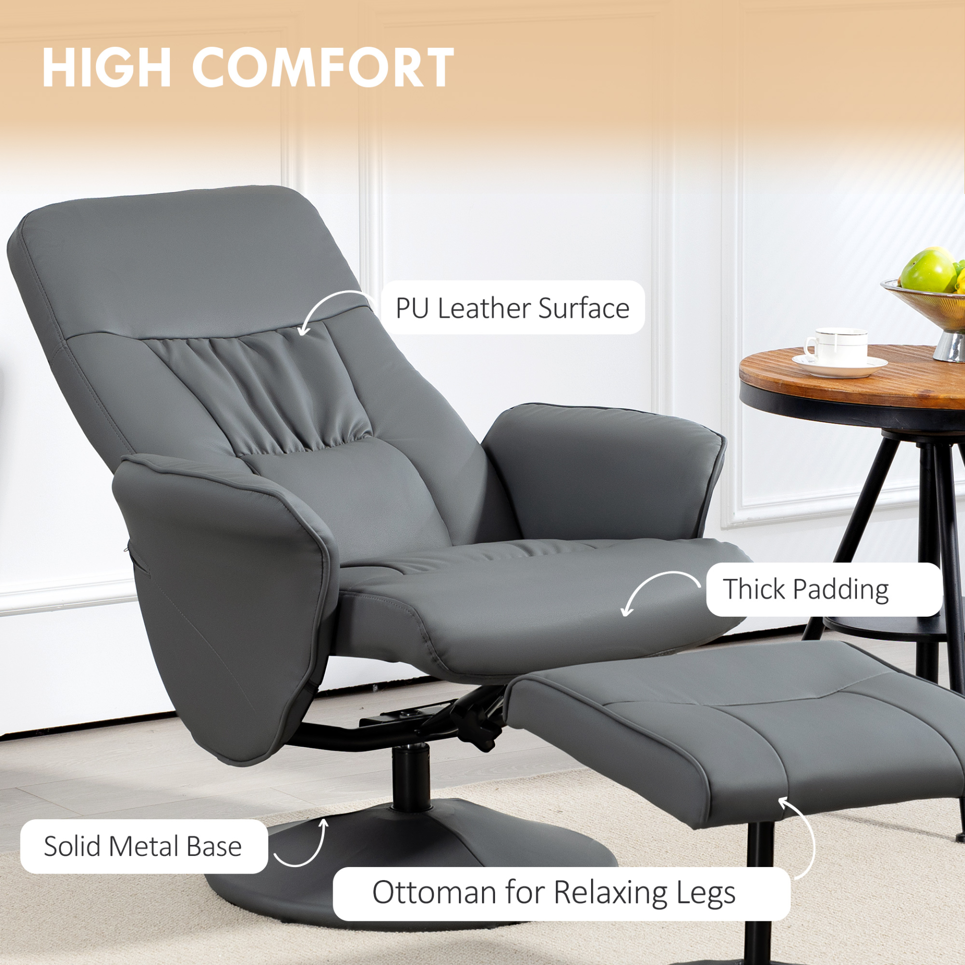 Swivel Recliner Chair with Footstool, PU Leather Armchair and Ottoman with High Back and Round Base for Living Room in Grey | HOMCOM