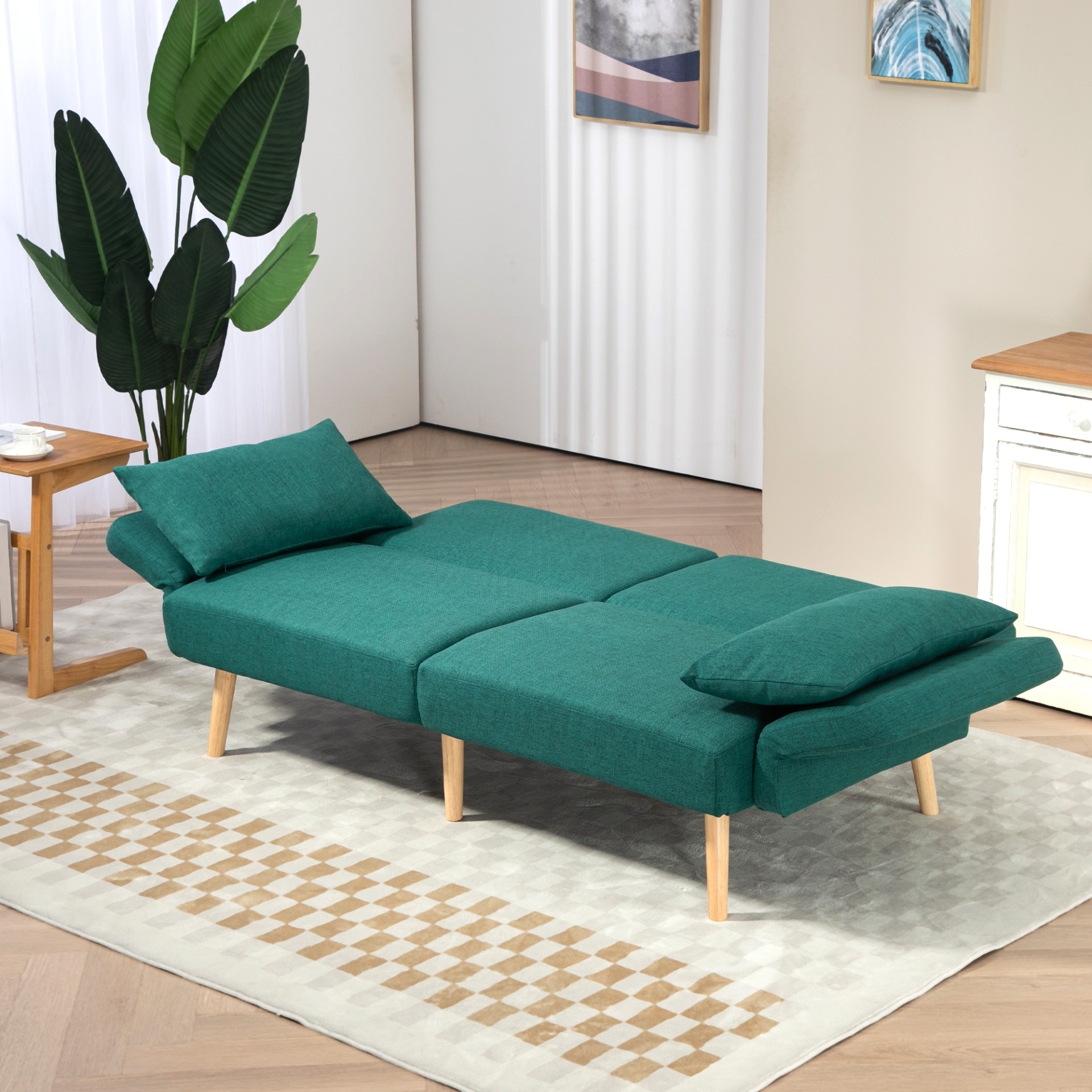 Green 2/3 Seater Sofa Bed, Convertible Bed Settee, Fabric Sofa Couch with 2 Cushions for Living Room, Guest Room by HOMCOM