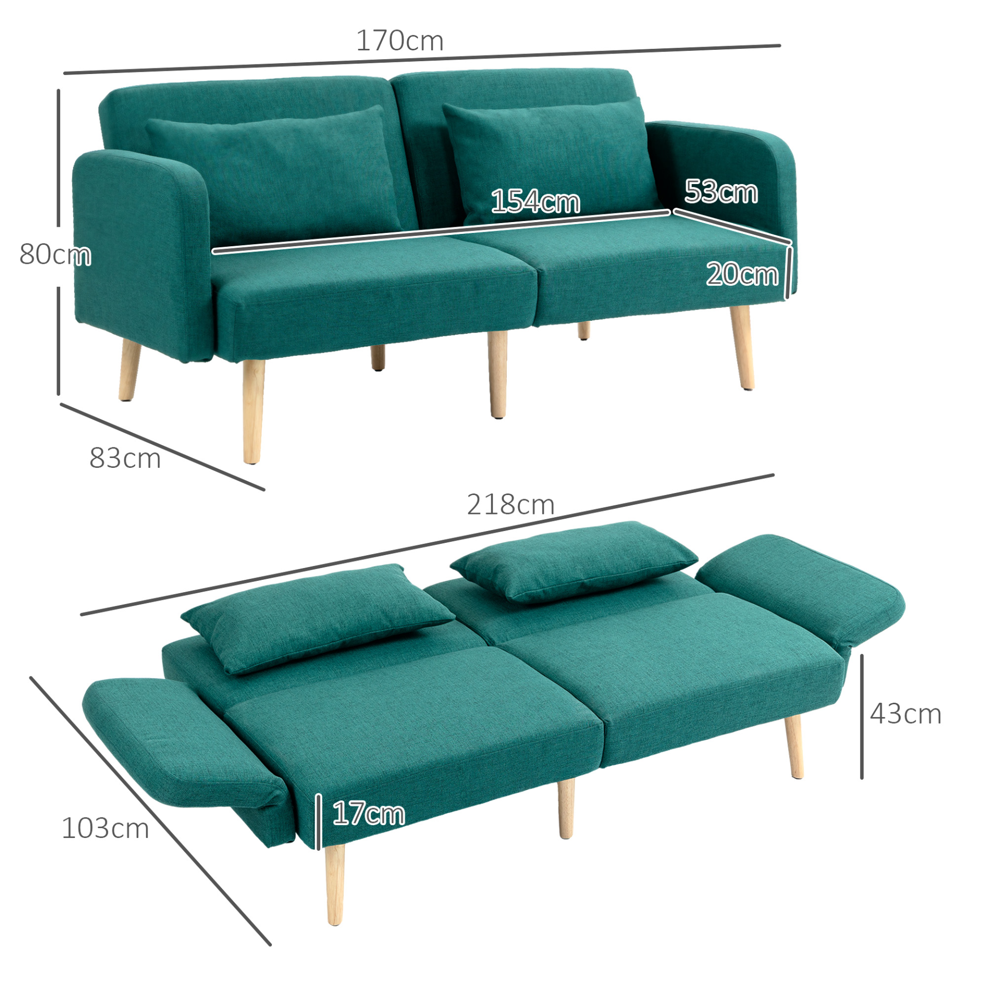 Green 2/3 Seater Sofa Bed, Convertible Bed Settee, Fabric Sofa Couch with 2 Cushions for Living Room, Guest Room by HOMCOM