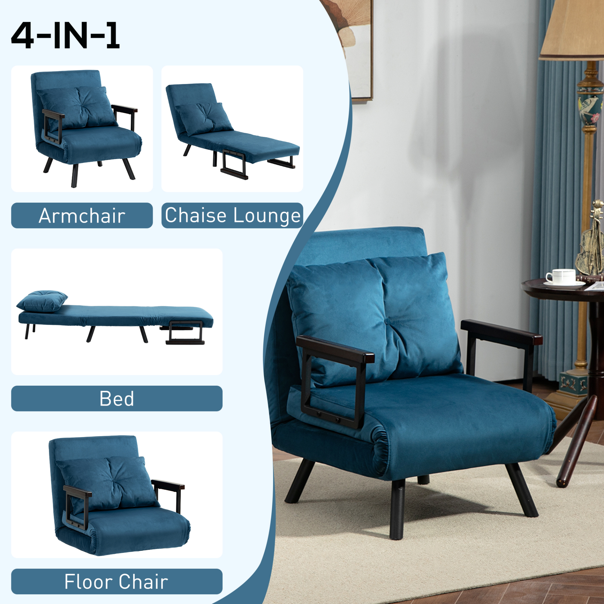 Click Clack Sofa Bed, Convertible Single Chair Couch with 2 Cushions, for Living Room, Bedroom, Navy Blue