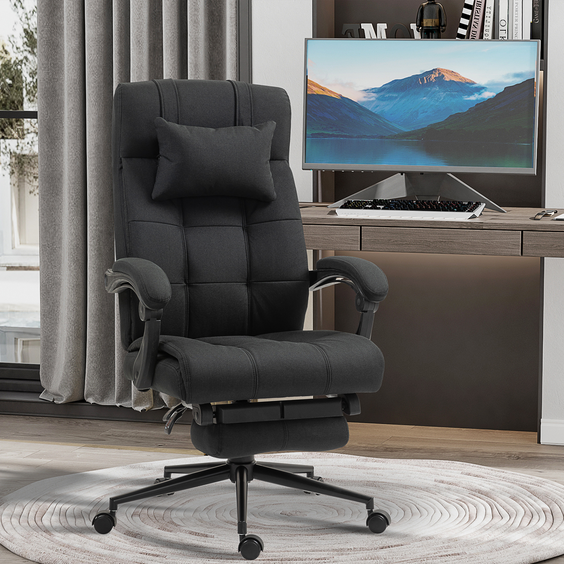 Executive Office Chair with Footrest, Headrest Pillow, Office Desk Chair with Reclining Backrest, Swivel Wheels, Black | Vinsetto