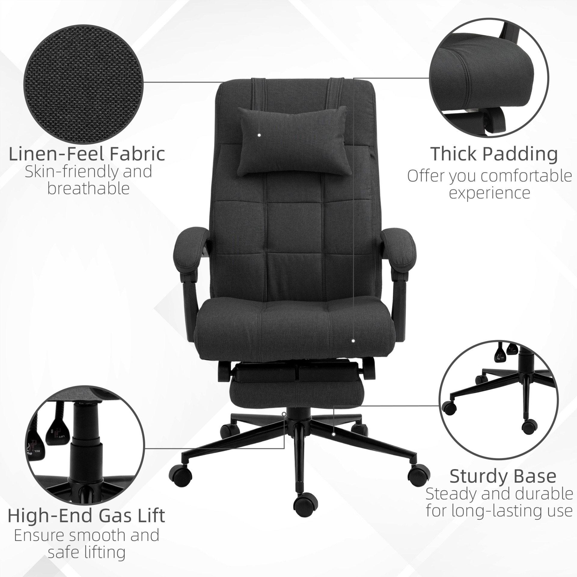 Executive Office Chair with Footrest, Headrest Pillow, Office Desk Chair with Reclining Backrest, Swivel Wheels, Black | Vinsetto