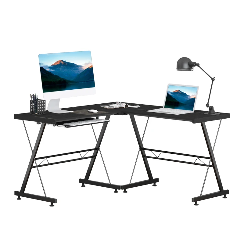 L Shape Office Gaming Desk, Straight Corner Table, Computer Work Station, Laminated, Sturdy, with Keyboard Tray in Black | HOMCOM