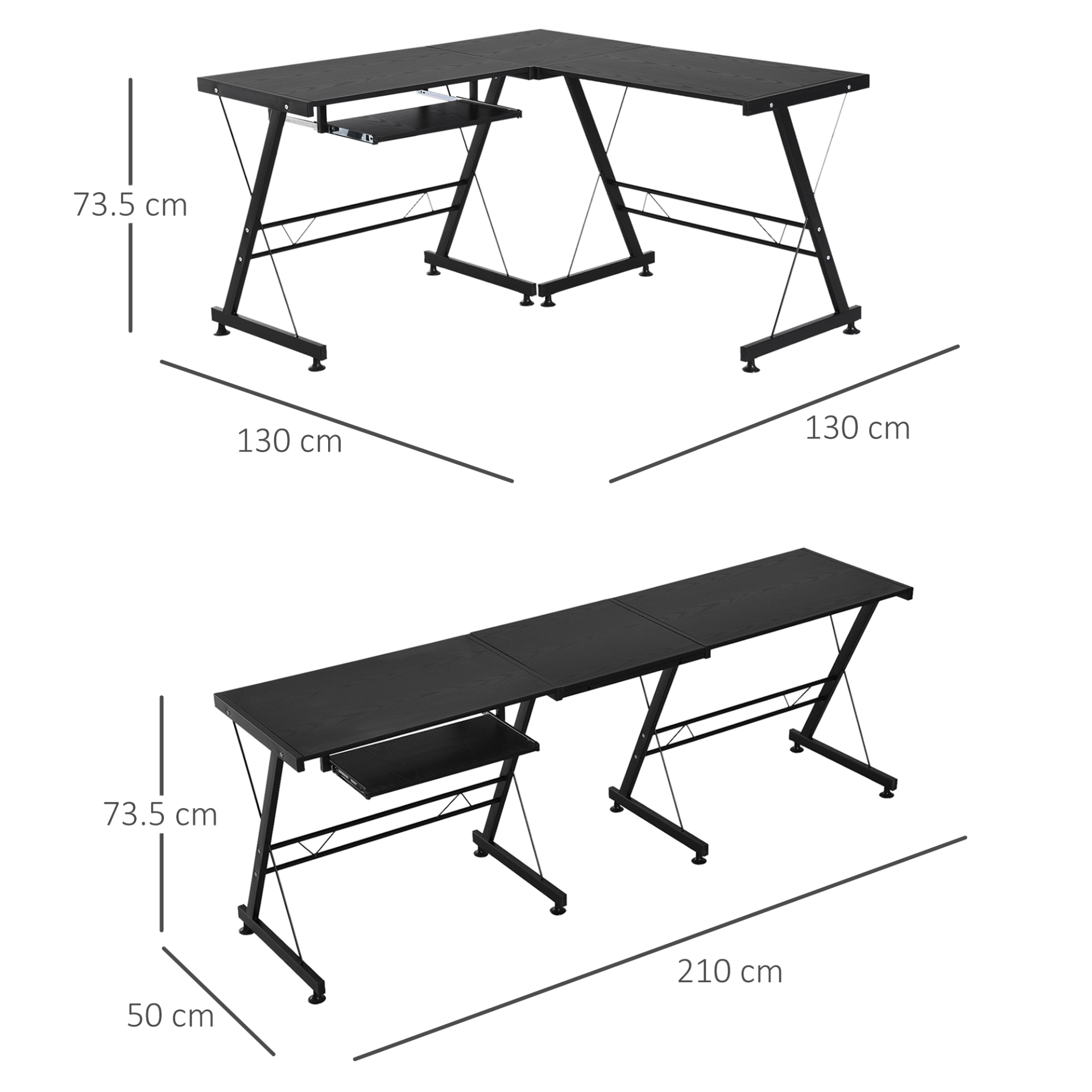 L Shape Office Gaming Desk, Straight Corner Table, Computer Work Station, Laminated, Sturdy, with Keyboard Tray in Black | HOMCOM