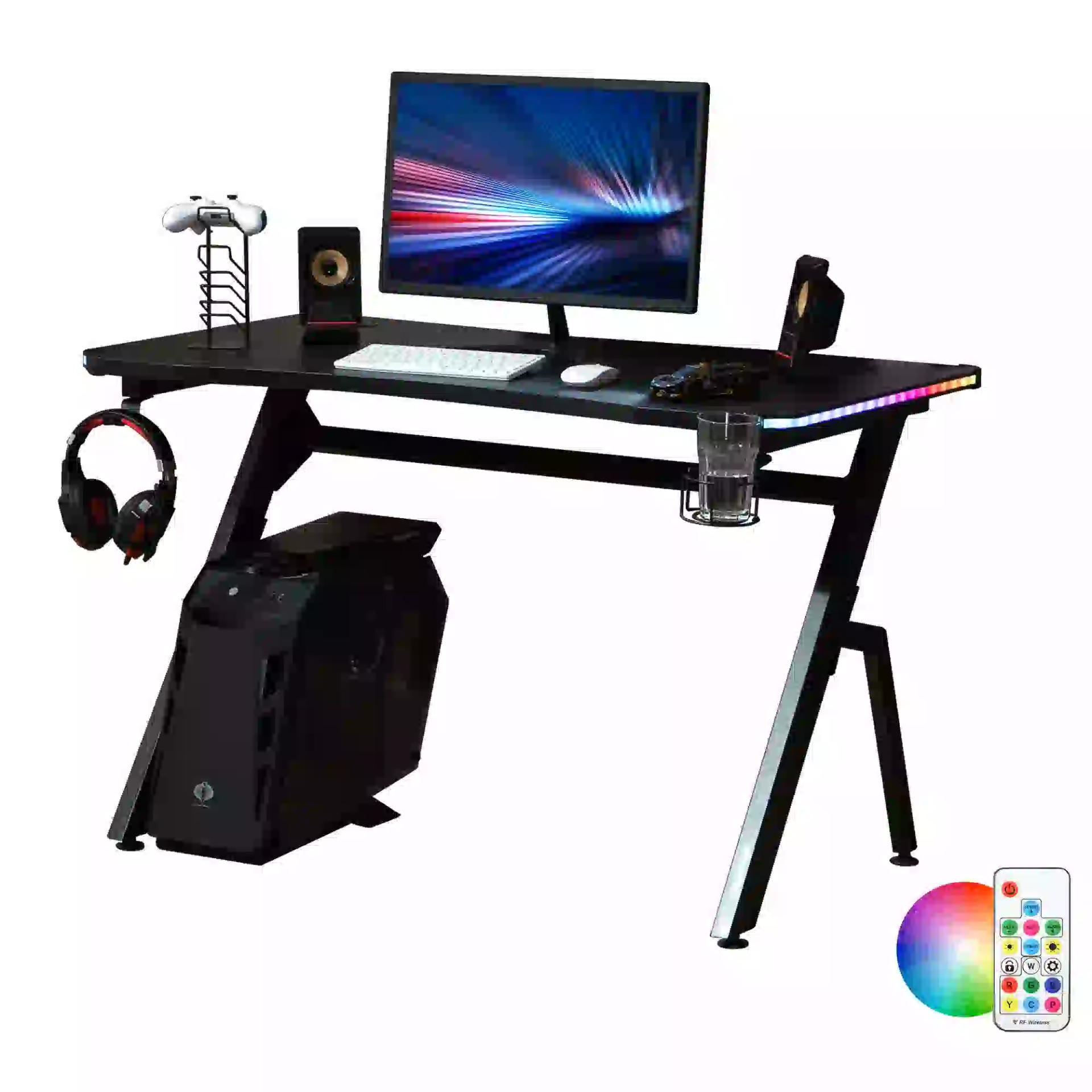 Gaming Desk Racing Style Home Office Ergonomic Computer Table Workstation with RGB LED Lights in Black | HOMCOM