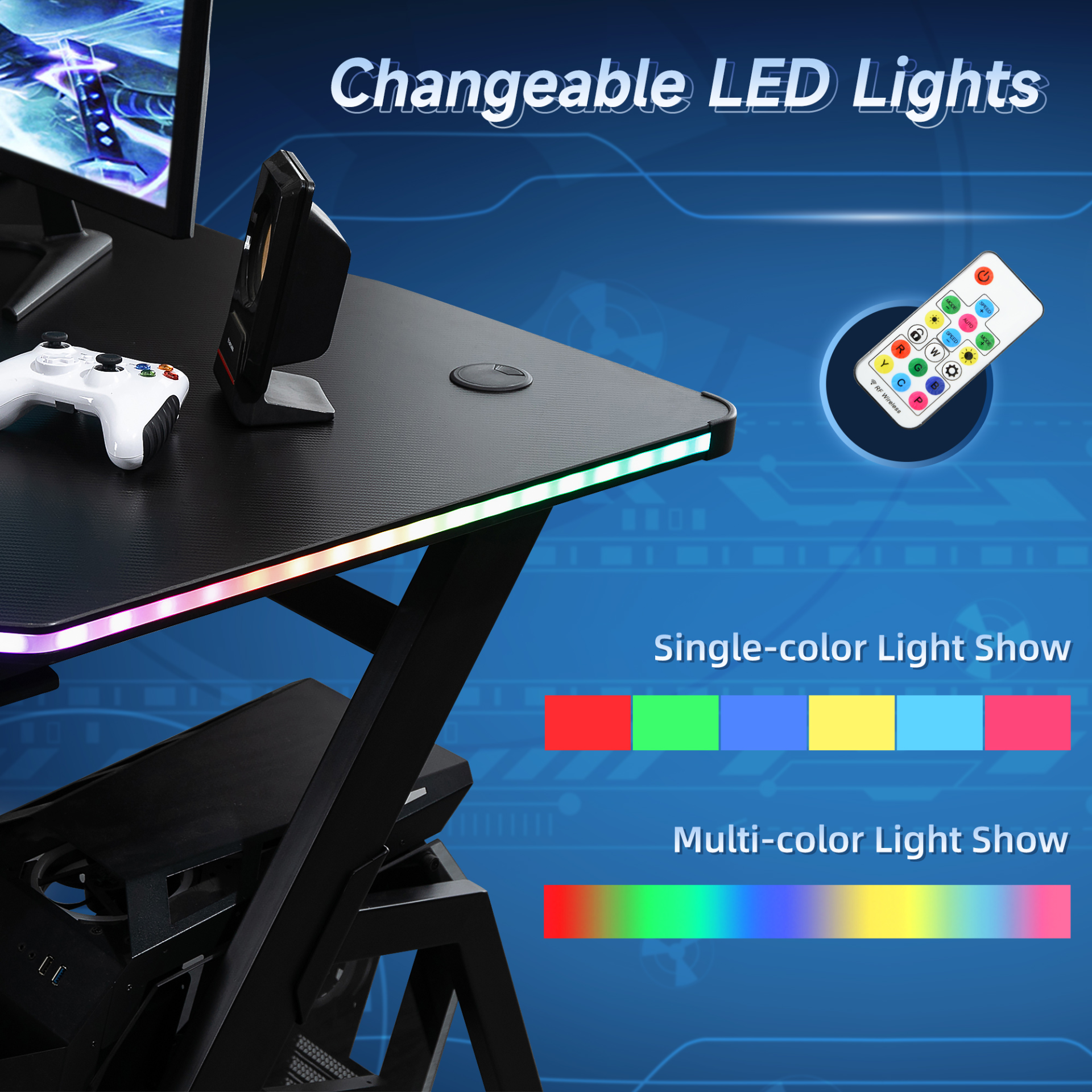 Gaming Desk Racing Style Home Office Ergonomic Computer Table Workstation with RGB LED Lights in Black | HOMCOM