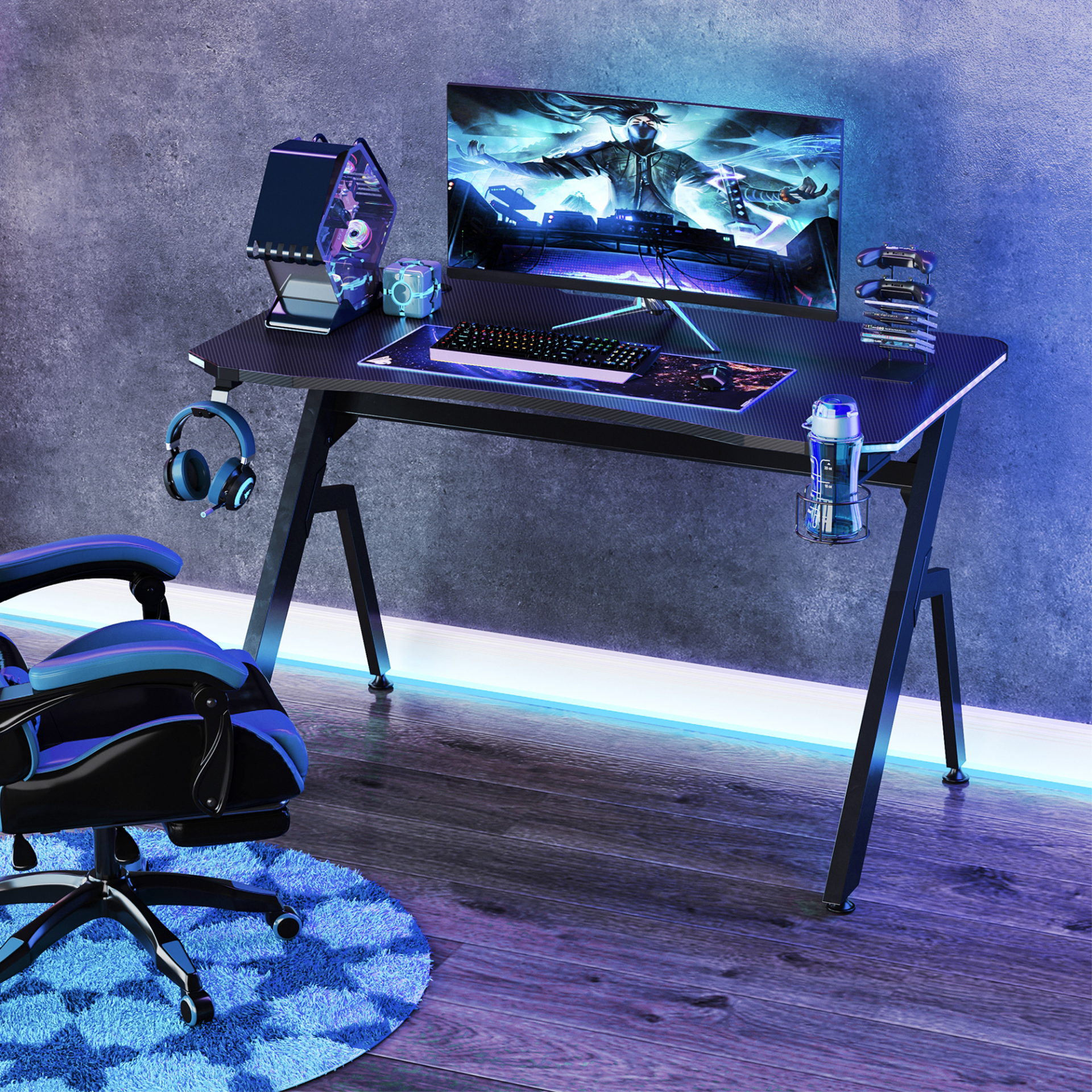 Gaming Desk Racing Style Home Office Ergonomic Computer Table Workstation with RGB LED Lights in Black | HOMCOM