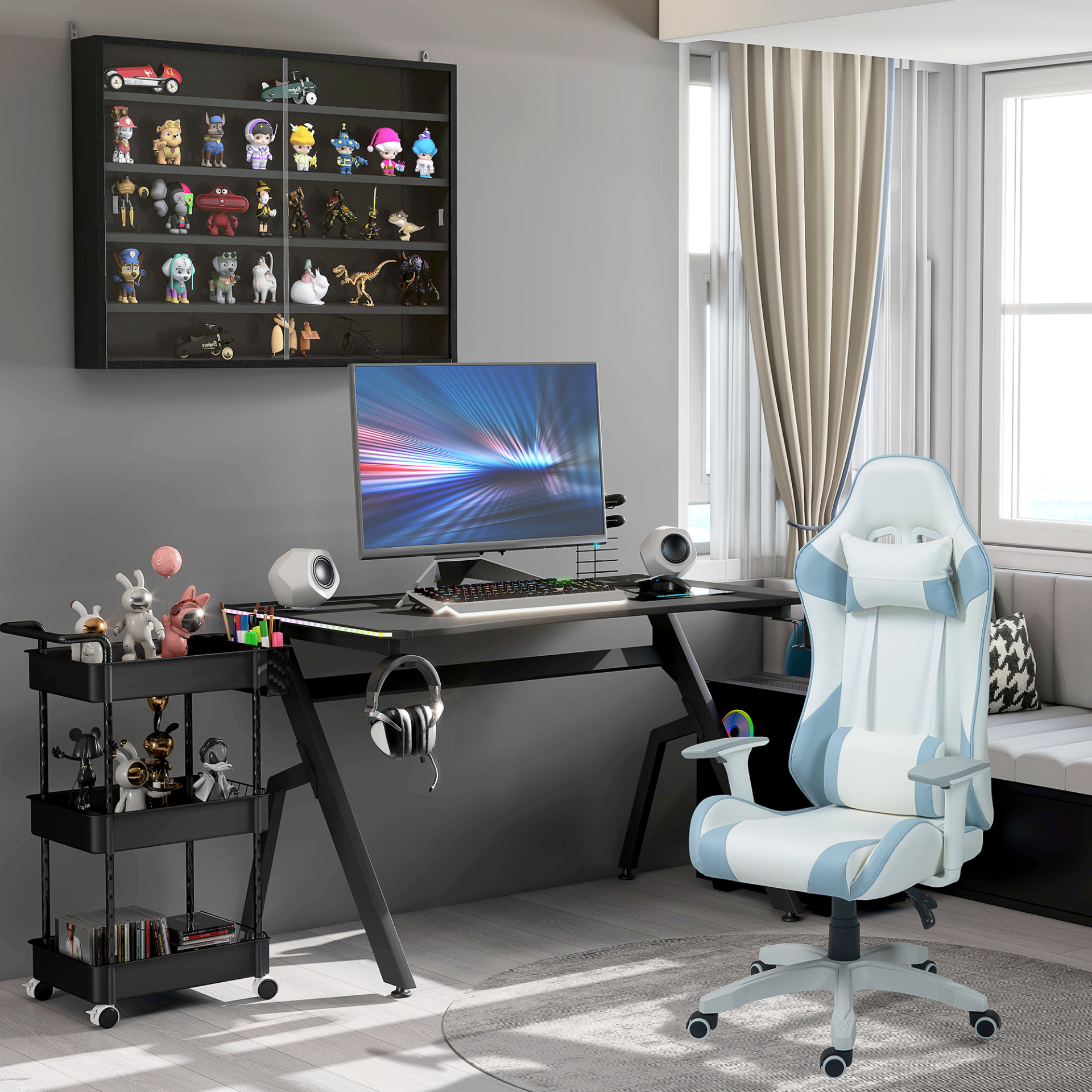 Gaming Desk Racing Style Home Office Ergonomic Computer Table Workstation with RGB LED Lights in Black | HOMCOM