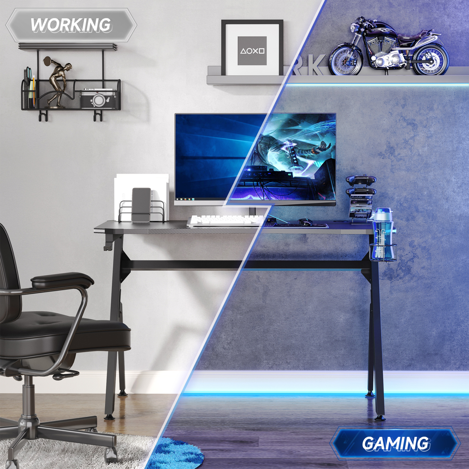 Gaming Desk Racing Style Home Office Ergonomic Computer Table Workstation with RGB LED Lights in Black | HOMCOM