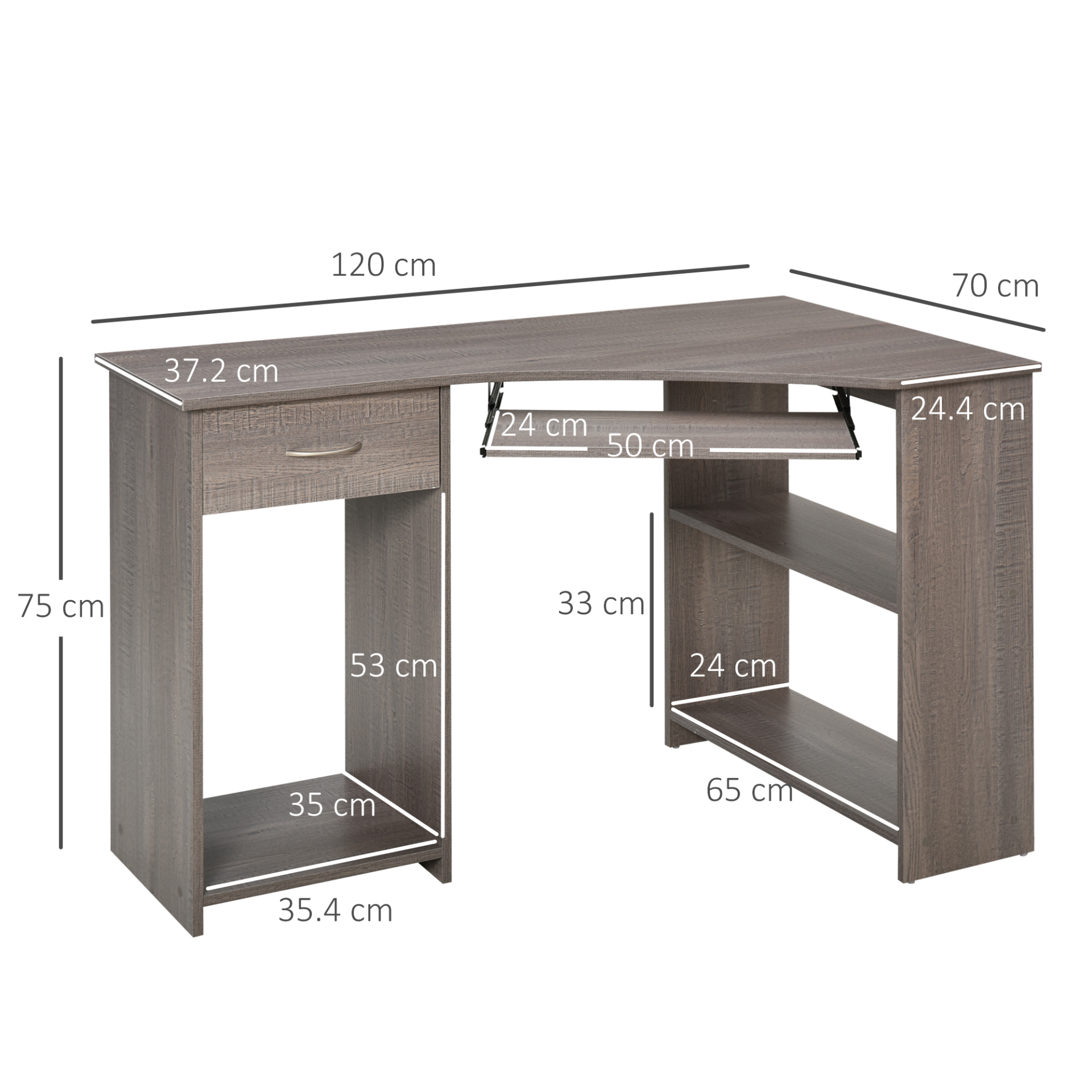 L-Shaped Corner Computer Desk w/ 2 Shelves Wide Worktop Keyboard Tray Drawer & CPU Stand Home Office Study Bedroom Furniture Grey | HOMCOM