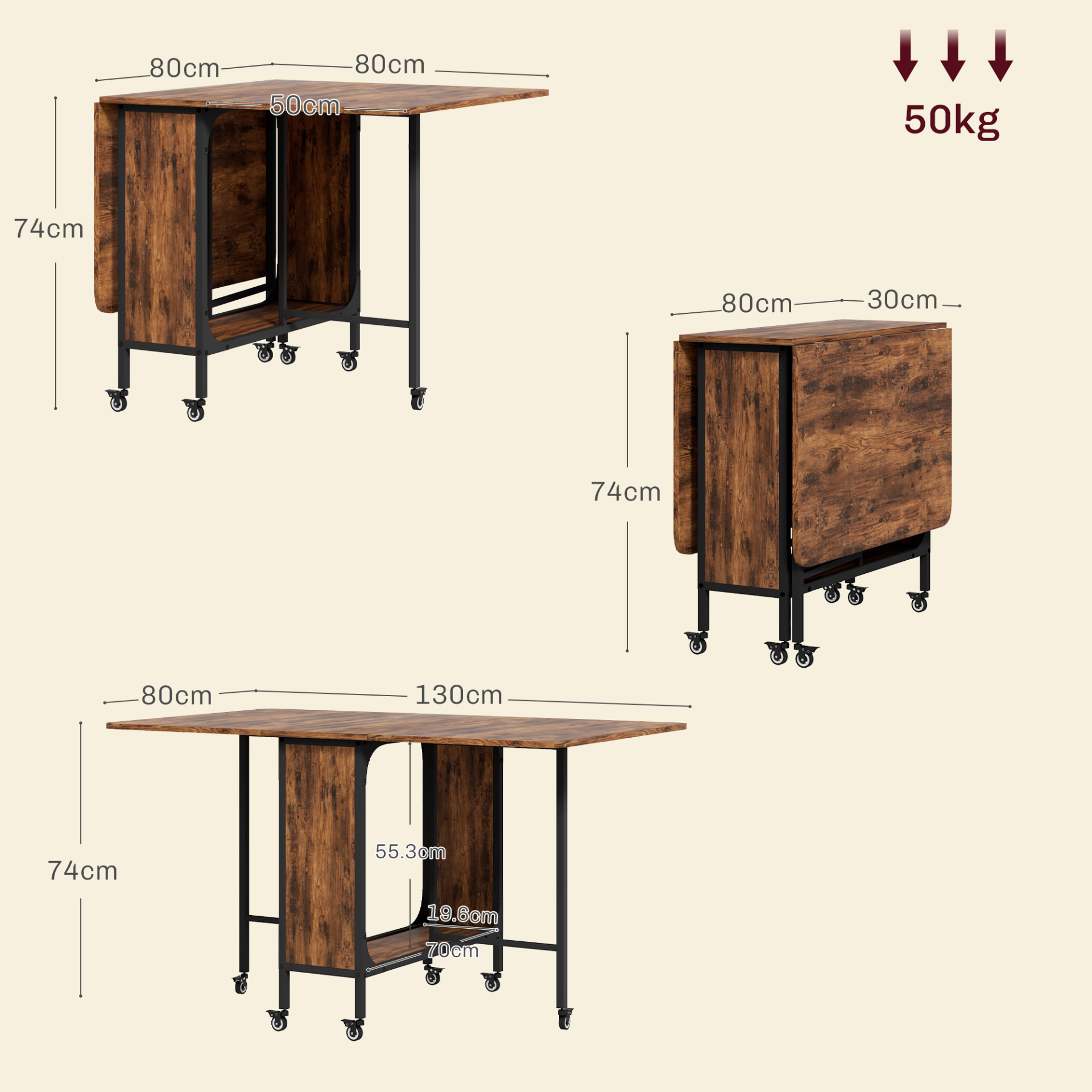 Mobile Drop Leaf Table Folding Kitchen Table Extendable Dining Table For Small Spaces With 6 Wheels & Storage Shelf Rustic Brown by HOMCOM