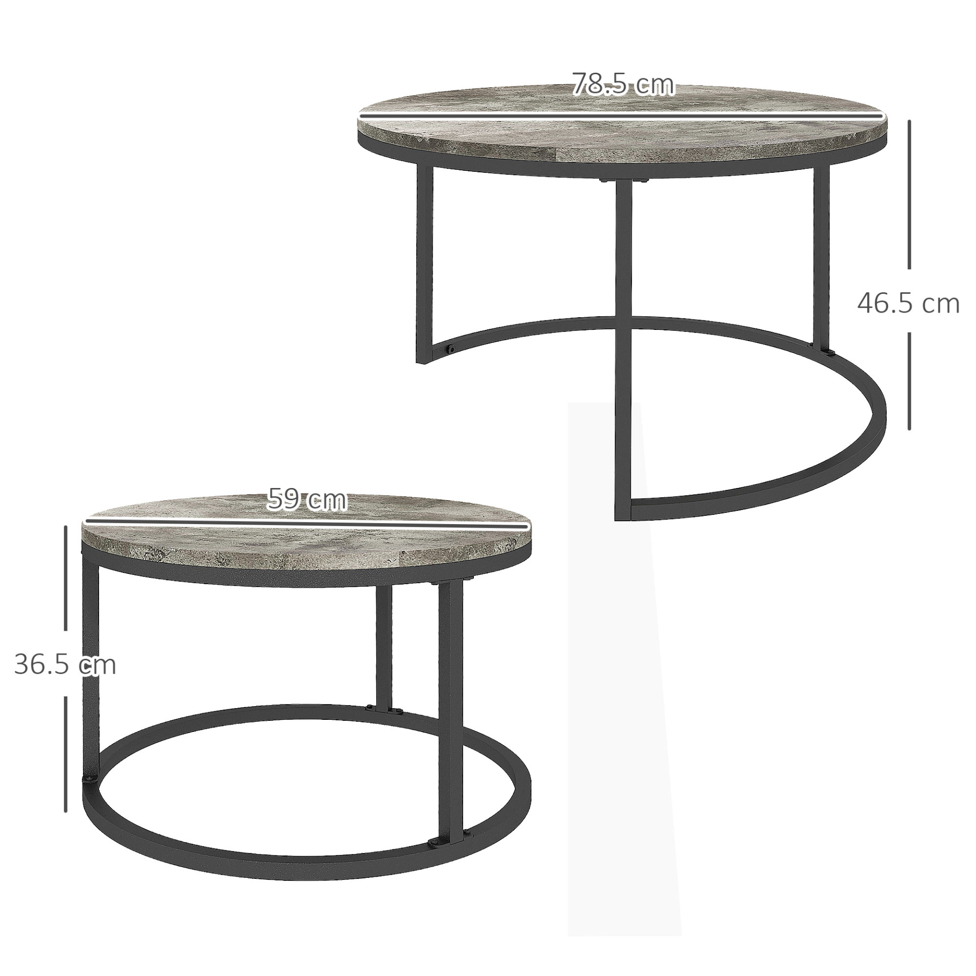 Industrial Nesting Coffee Table Set of 2, Round Coffee Tables, Living Room Table with Faux Cement Top and Steel Frame | HOMCOM