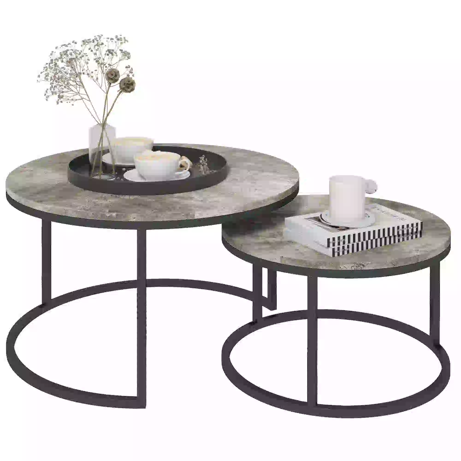 Industrial Nesting Coffee Table Set of 2, Round Coffee Tables, Living Room Table with Faux Cement Top and Steel Frame | HOMCOM