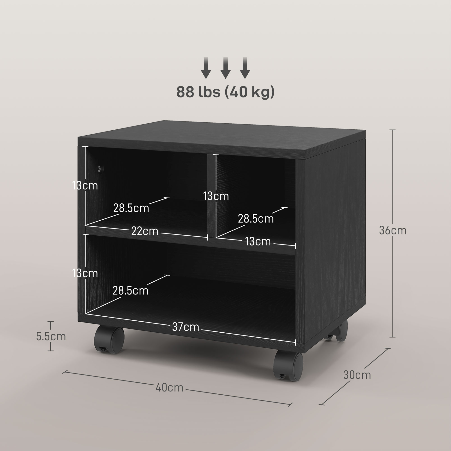 2-Tier Printer Stand Cabinet with Storage, Under Desk Printer Cart on Wheels with 3 Compartments, Desktop Printer Table for Office in Black | HOMCOM