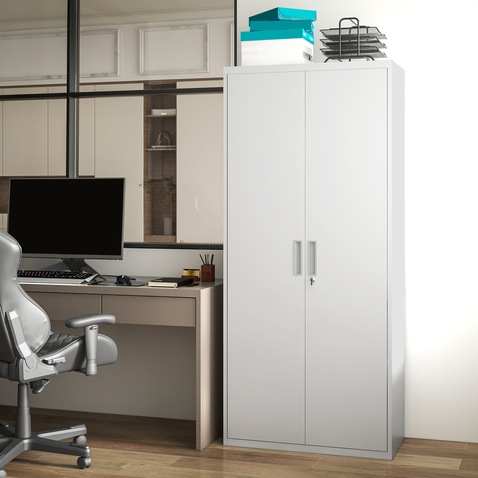 Five Shelf Lockable Steel Office Cabinet - White by HOMCOM