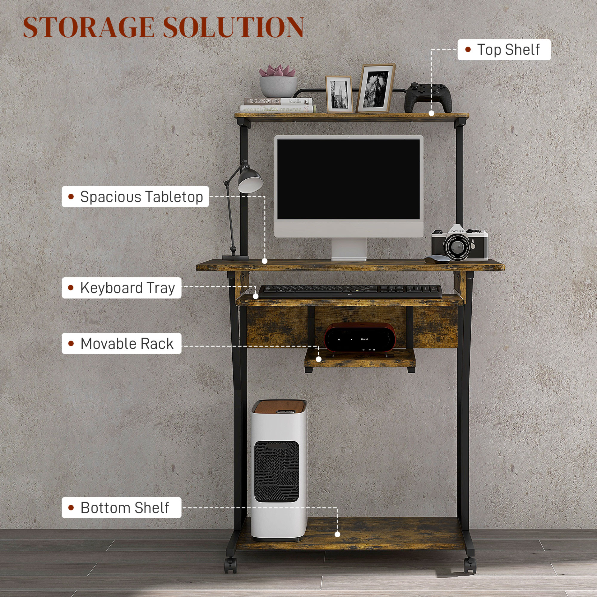 HOMCOM Mobile Computer Desk w/ Keyboard Tray, Rolling Study Table w/ Storage Shelves & Wheels, Writing Desk for Home Office, Rustic Brown | Aosom UK