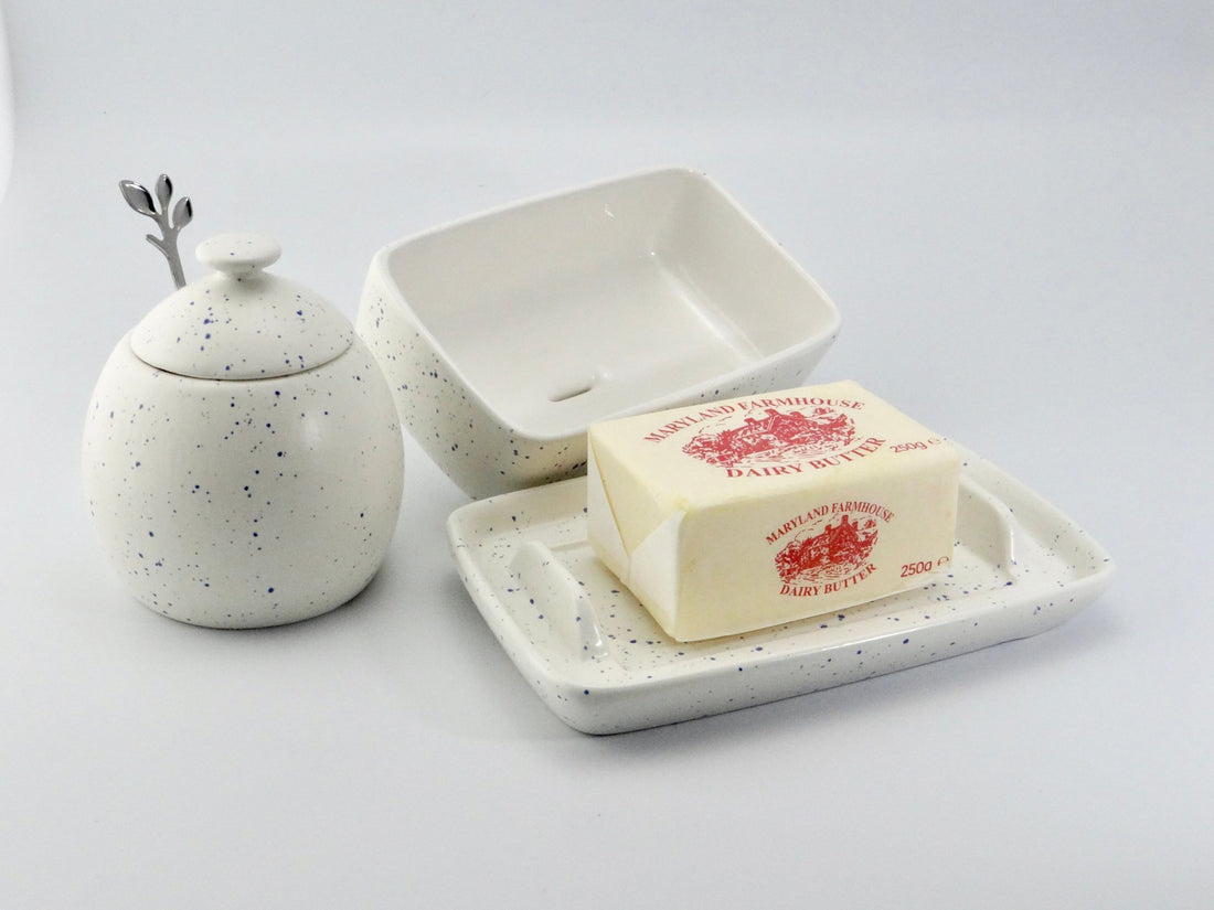 Butter Dish and Sugar Bowl Set - Light Blue Speckled Glaze - GlenGiftsuk