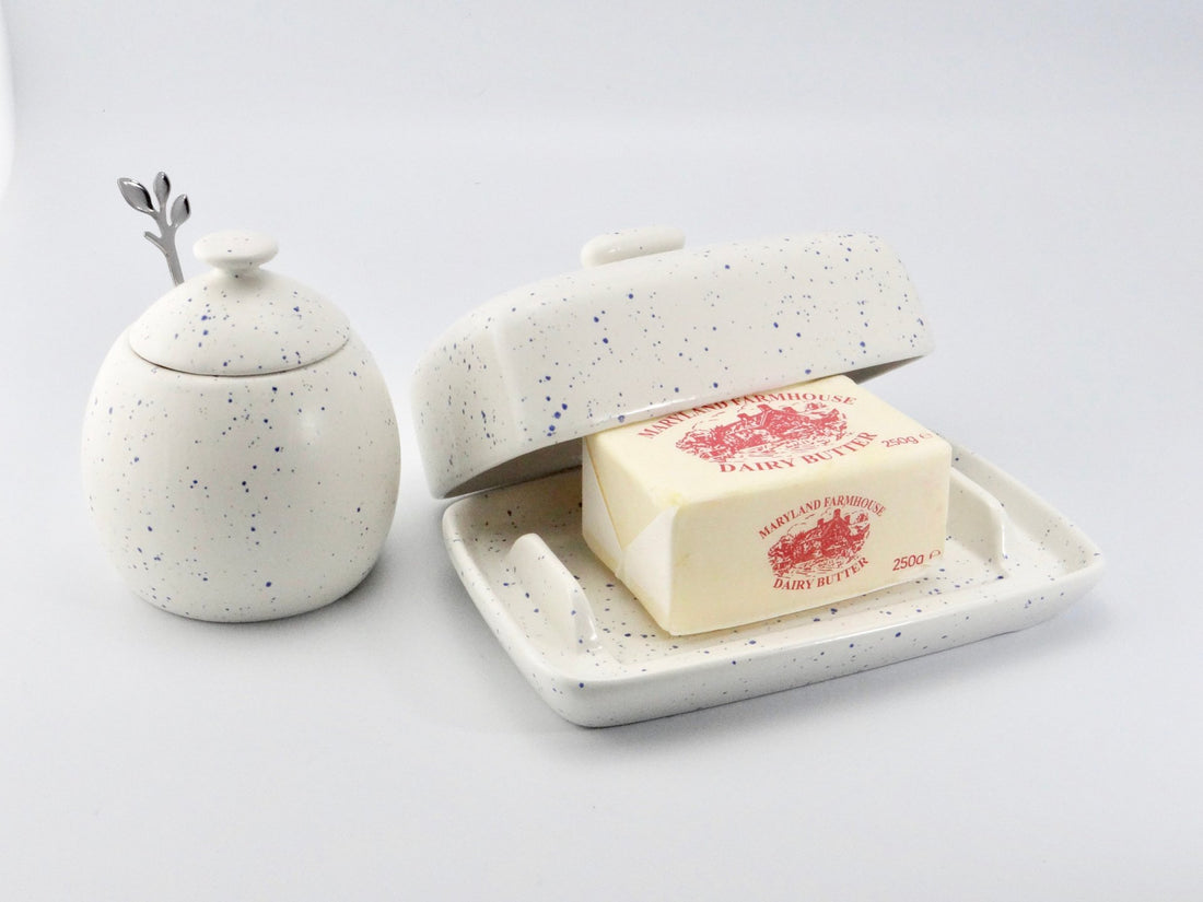 Butter Dish and Sugar Bowl Set - Light Blue Speckled Glaze - GlenGiftsuk