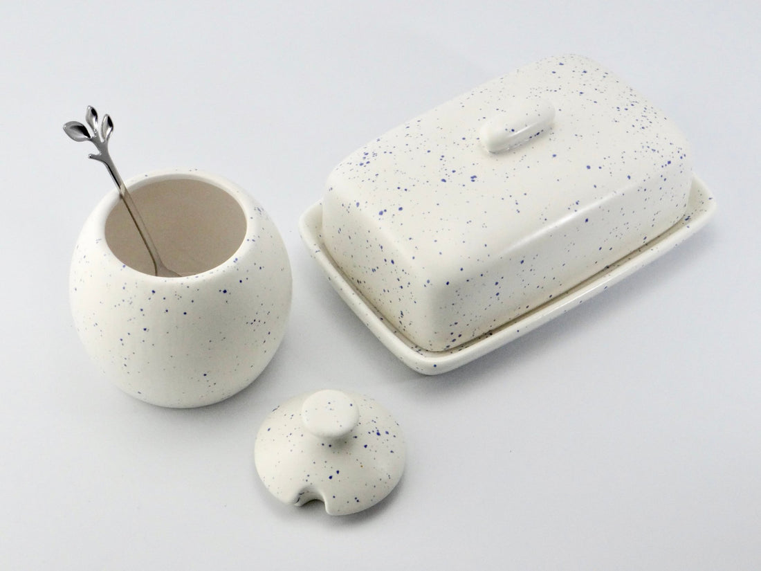 Butter Dish and Sugar Bowl Set - Light Blue Speckled Glaze - GlenGiftsuk