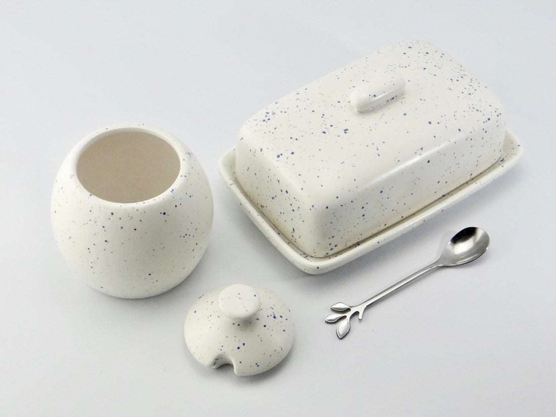 Butter Dish and Sugar Bowl Set - Light Blue Speckled Glaze - GlenGiftsuk