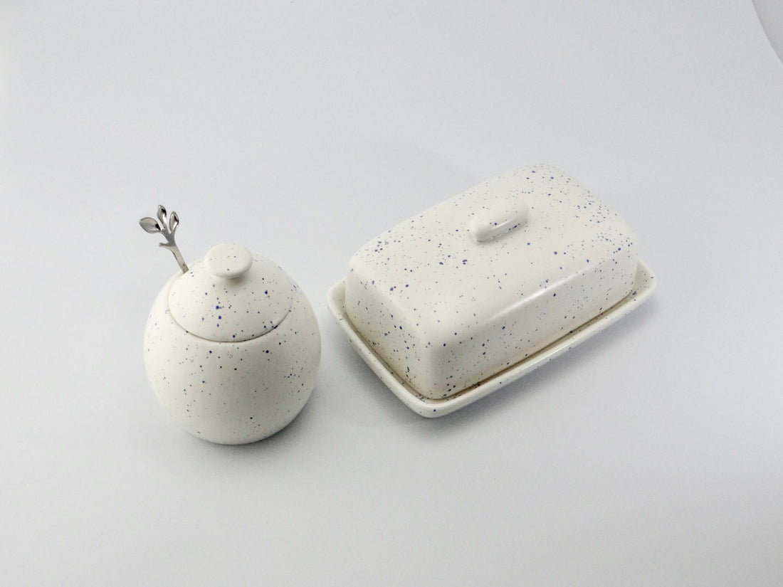 Butter Dish and Sugar Bowl Set - Light Blue Speckled Glaze - GlenGiftsuk