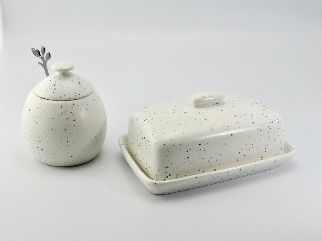 Butter Dish and Sugar Bowl Set - Light Blue Speckled Glaze - GlenGiftsuk