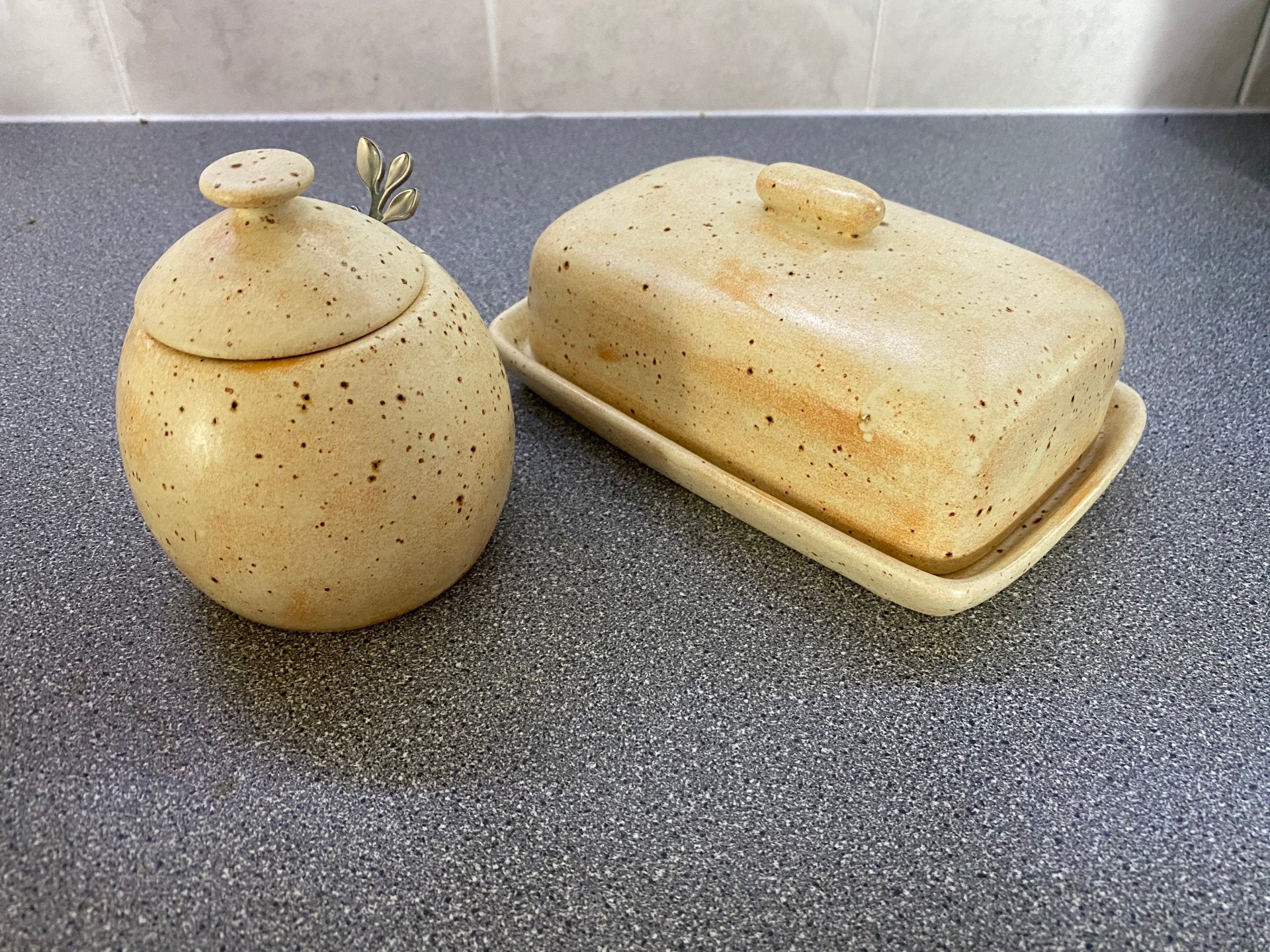 Butter Dish and Sugar Bowl Set Oatmeal Glaze - GlenGiftsuk