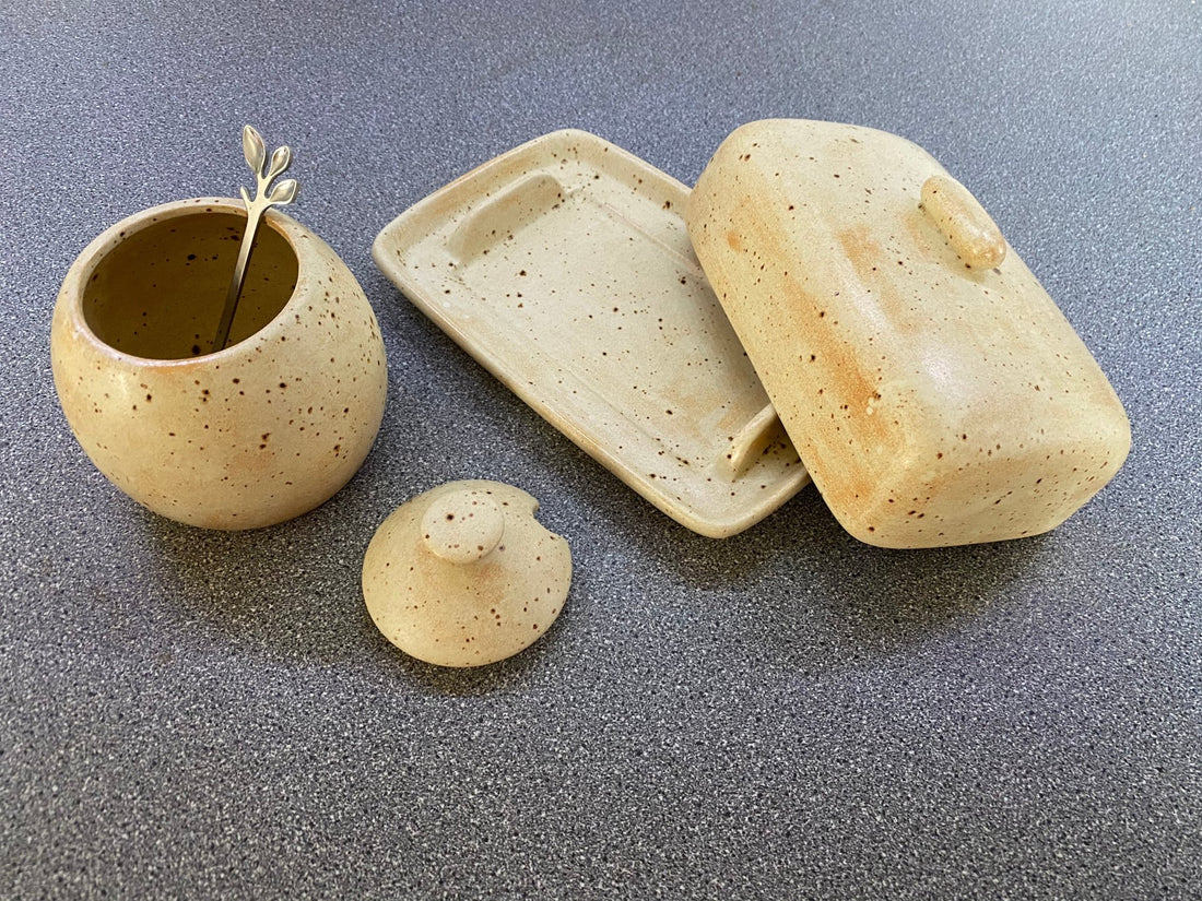 Butter Dish and Sugar Bowl Set Oatmeal Glaze - GlenGiftsuk