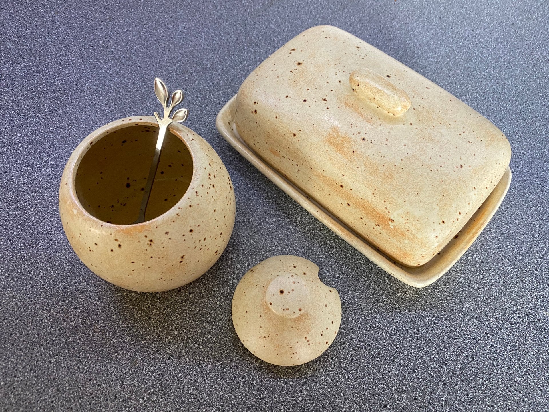 Butter Dish and Sugar Bowl Set Oatmeal Glaze - GlenGiftsuk