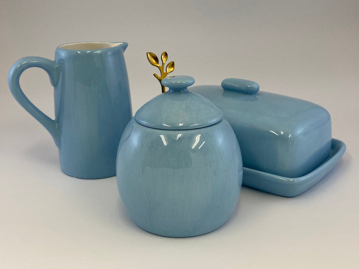 Butter Dish, Sugar Bowl and Cream Jug Set - Powder Blue - GlenGiftsuk