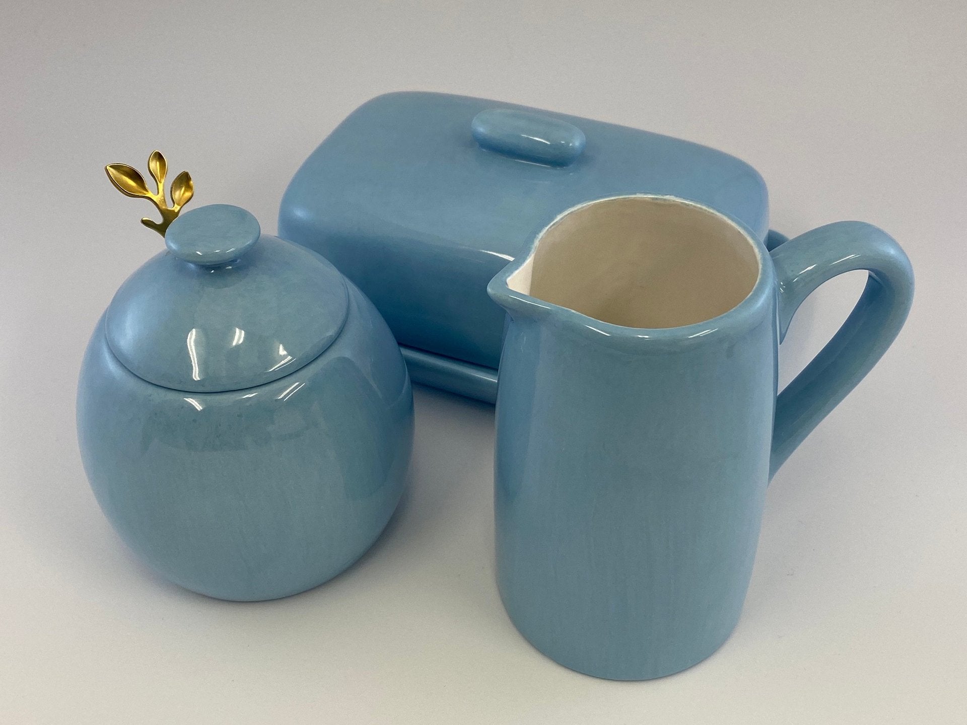 Butter Dish, Sugar Bowl and Cream Jug Set - Powder Blue - GlenGiftsuk