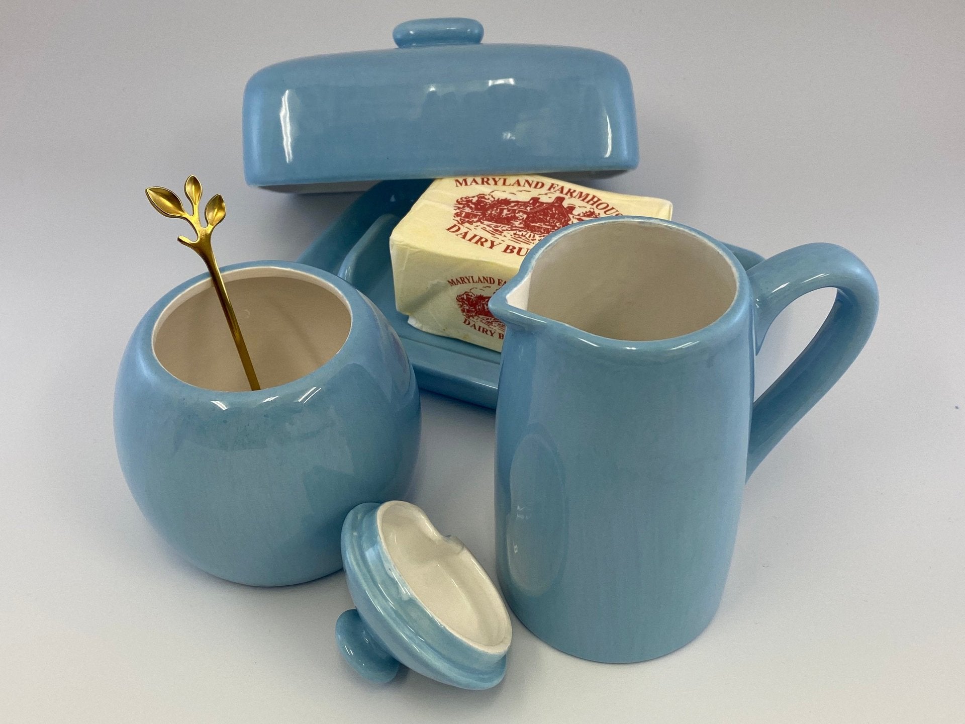 Butter Dish, Sugar Bowl and Cream Jug Set - Powder Blue - GlenGiftsuk