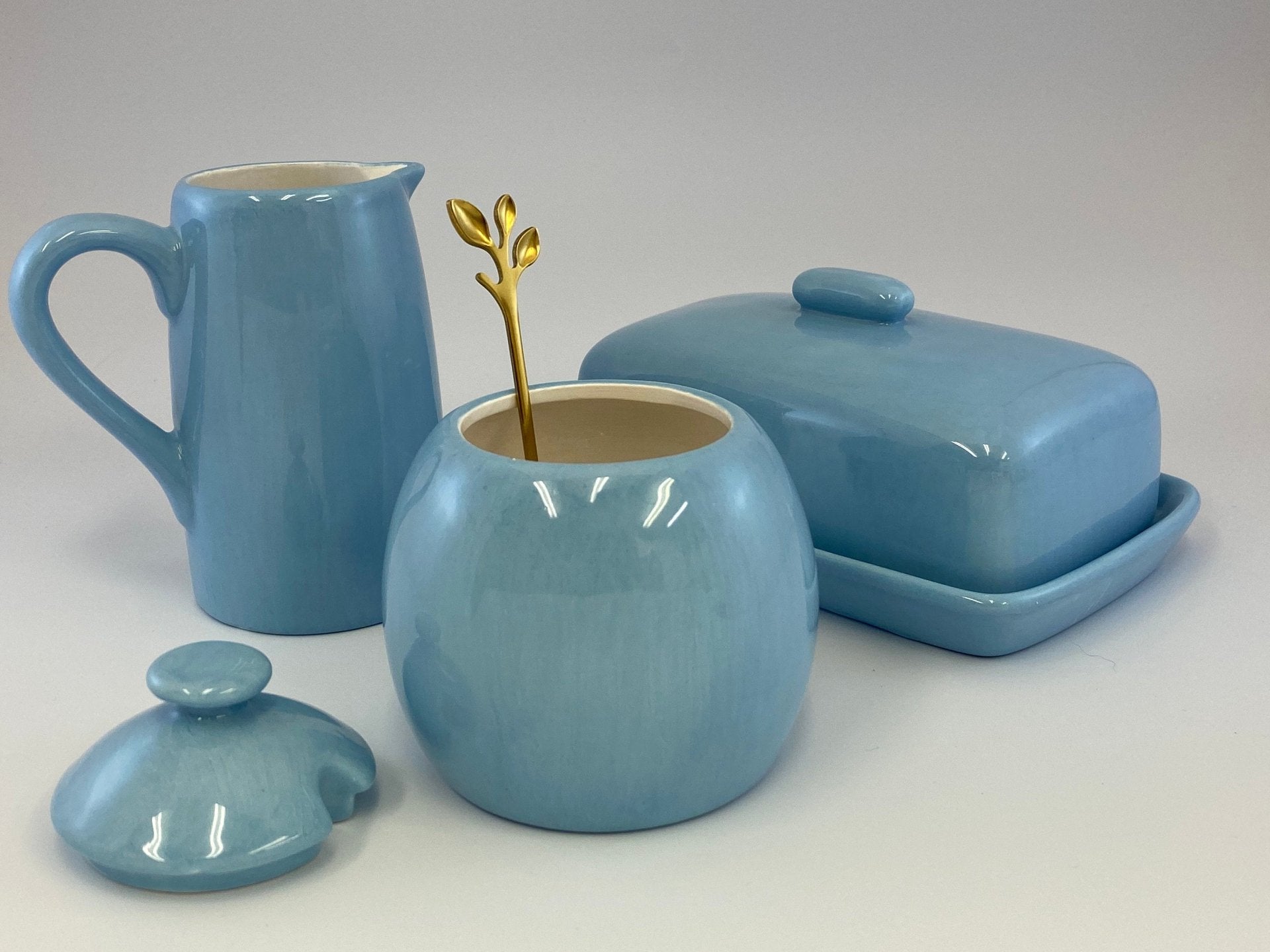 Butter Dish, Sugar Bowl and Cream Jug Set - Powder Blue - GlenGiftsuk