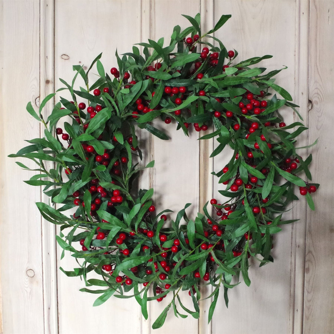 Christmas Mistletoe Leaf and Red Berry Floristry Wreath 60cm 24 inch Botanik - GlenGiftsuk