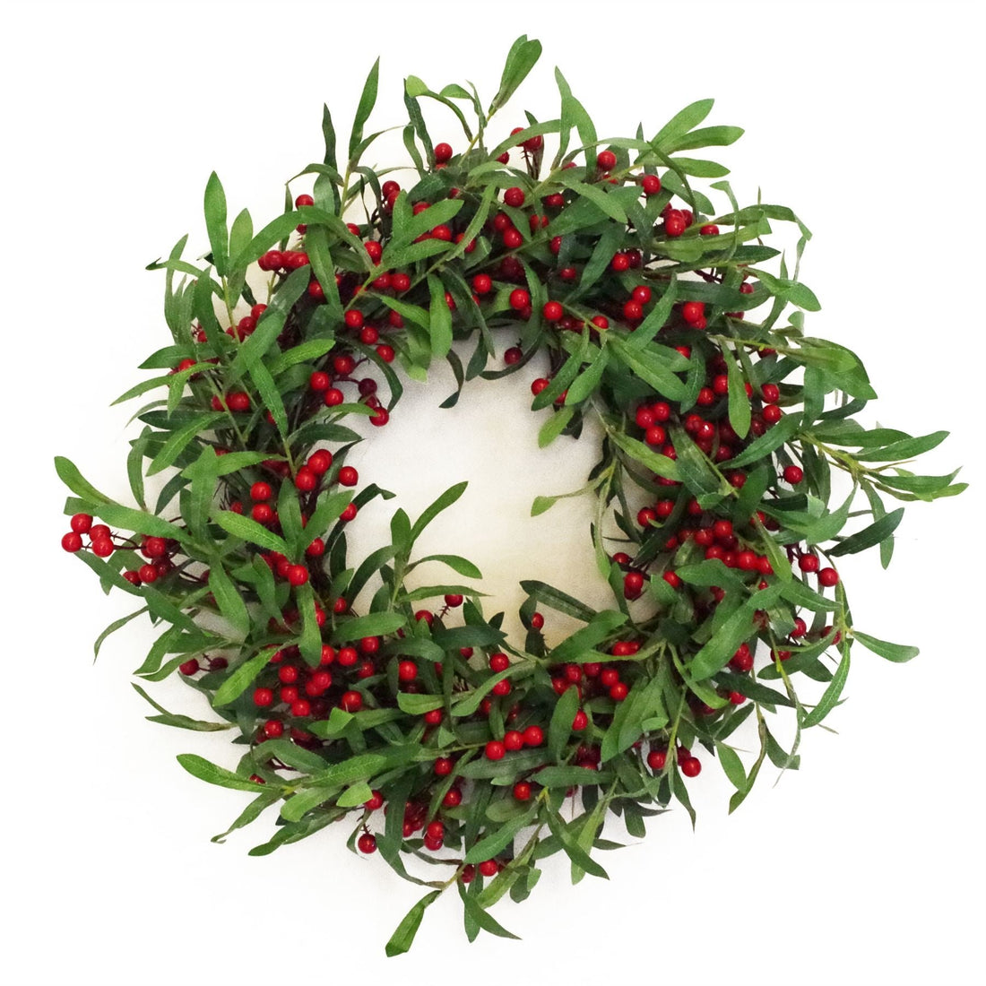 Christmas Mistletoe Leaf and Red Berry Floristry Wreath 60cm 24 inch Botanik - GlenGiftsuk