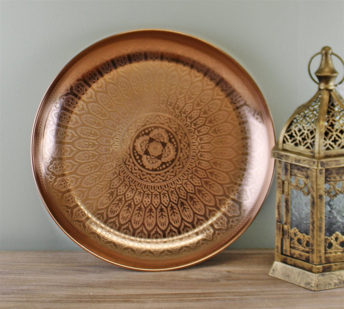 Decorative Copper Metal Tray With Etched Design - GlenGiftsuk