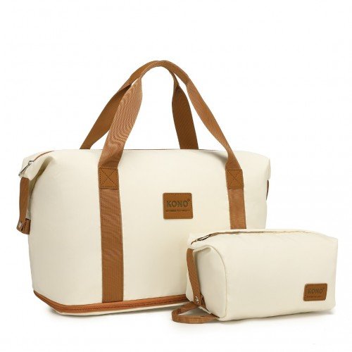 EA2212 - Kono Two Pieces Expandable Durable Waterproof Travel Duffel Bag Set - Beige And Brown - GlenGiftsuk