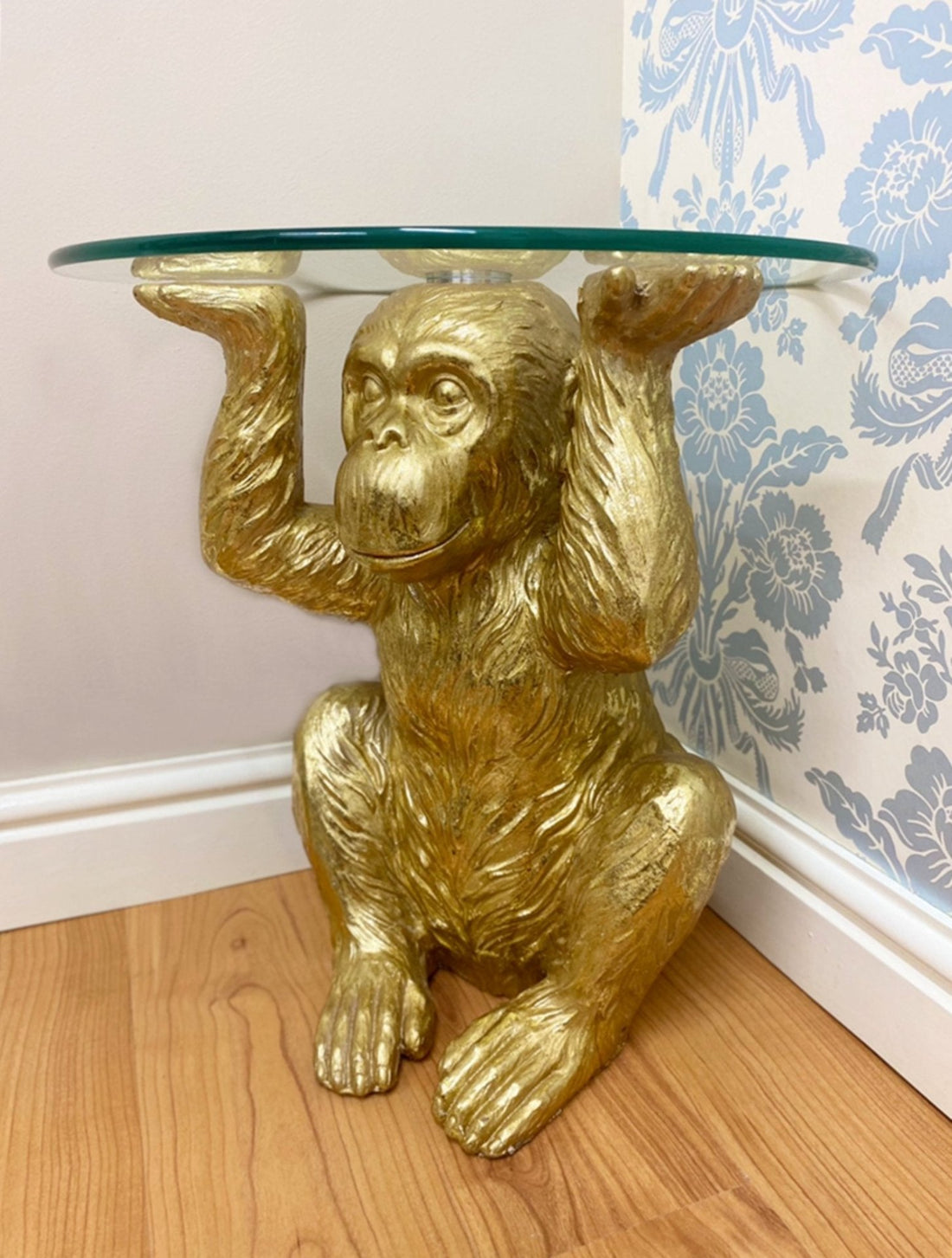 Gold Chimp With Glass Top Side Table - GlenGiftsuk