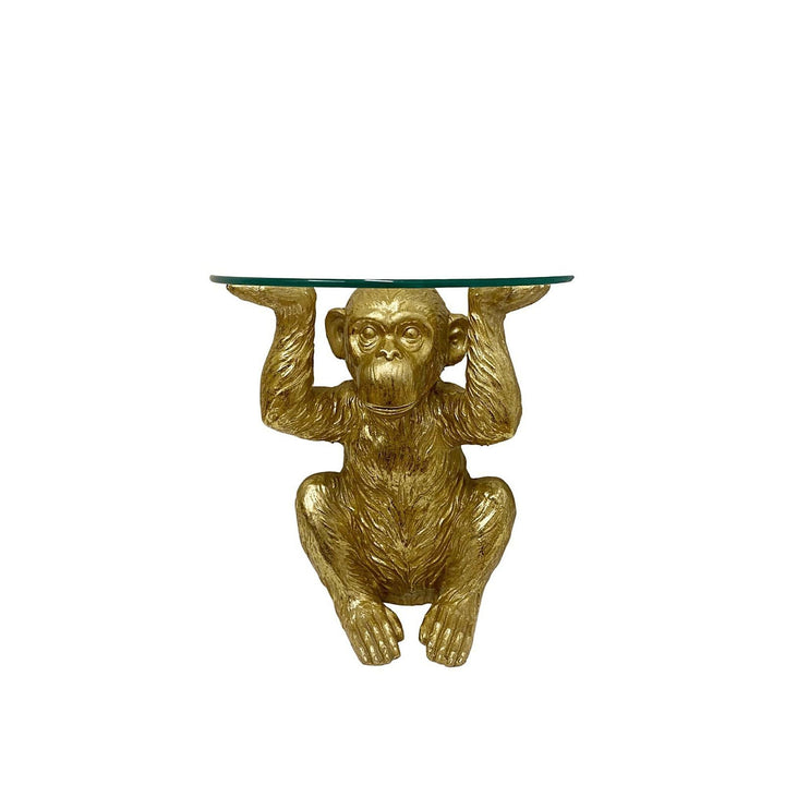 Gold Chimp With Glass Top Side Table - GlenGiftsuk