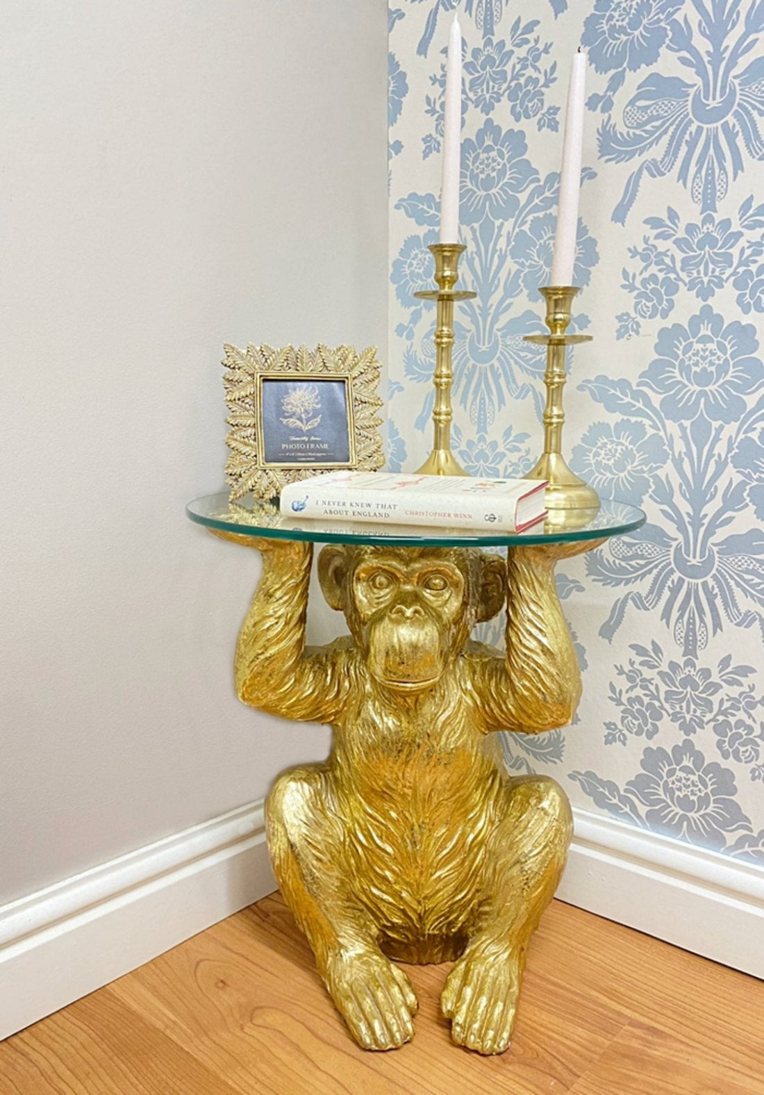 Gold Chimp With Glass Top Side Table - GlenGiftsuk