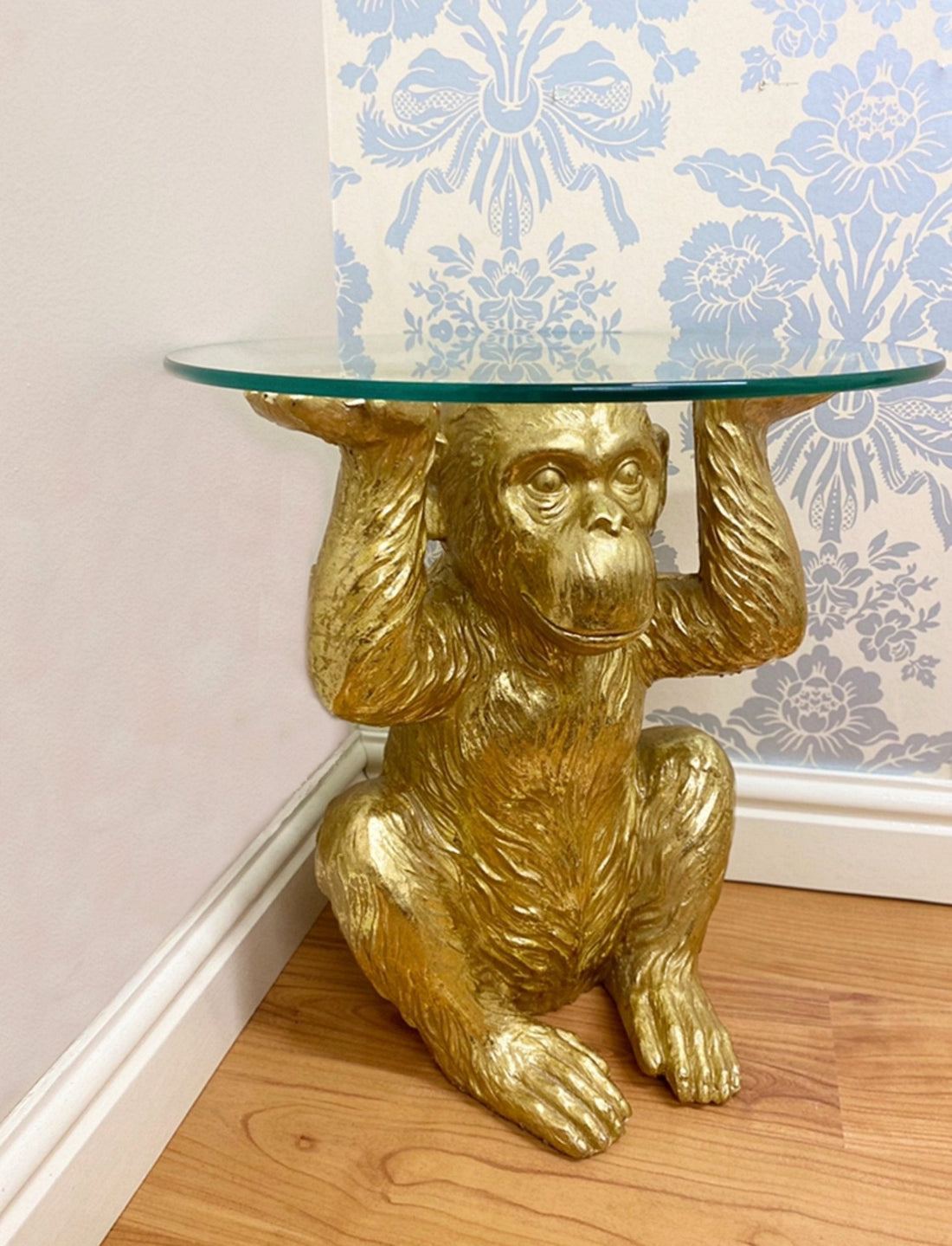 Gold Chimp With Glass Top Side Table - GlenGiftsuk