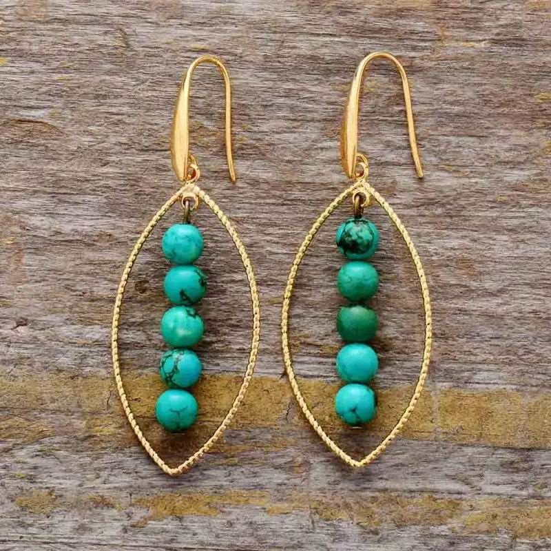 Gold Leaf Turquoise Dangle Earrings - GlenGiftsuk