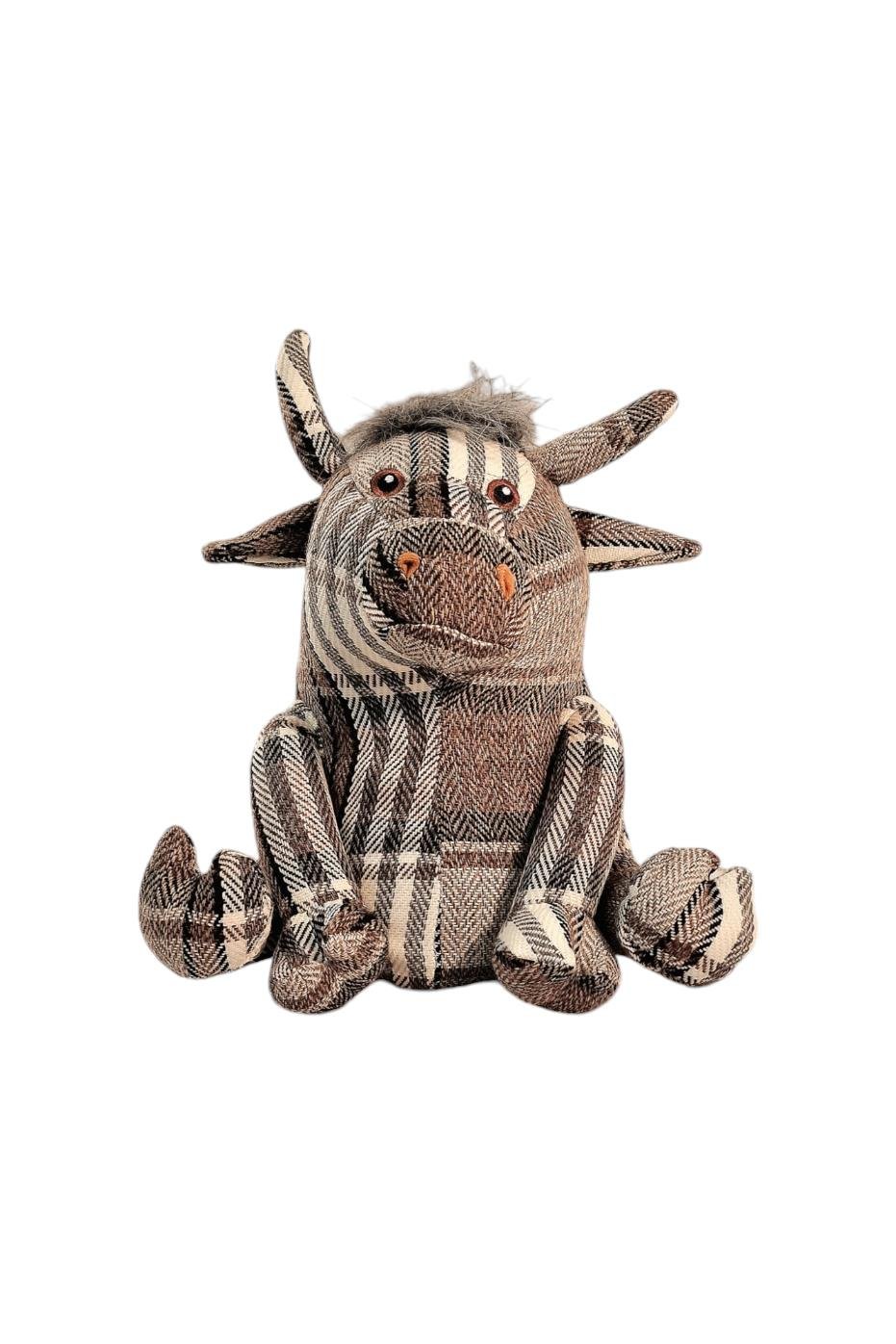 Grey Fabric Tartan Bull Doorstop 30cm - GlenGiftsuk